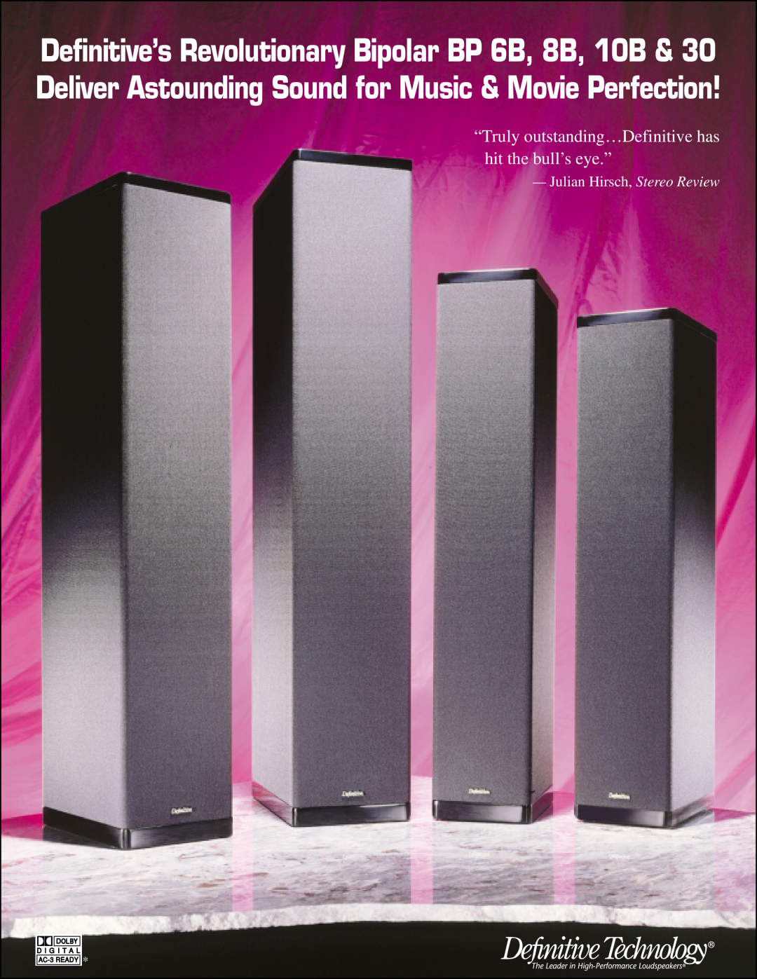 Definitive Technology 30, BP 6B, 8B, 10B manual Julian Hirsch, Stereo Review 