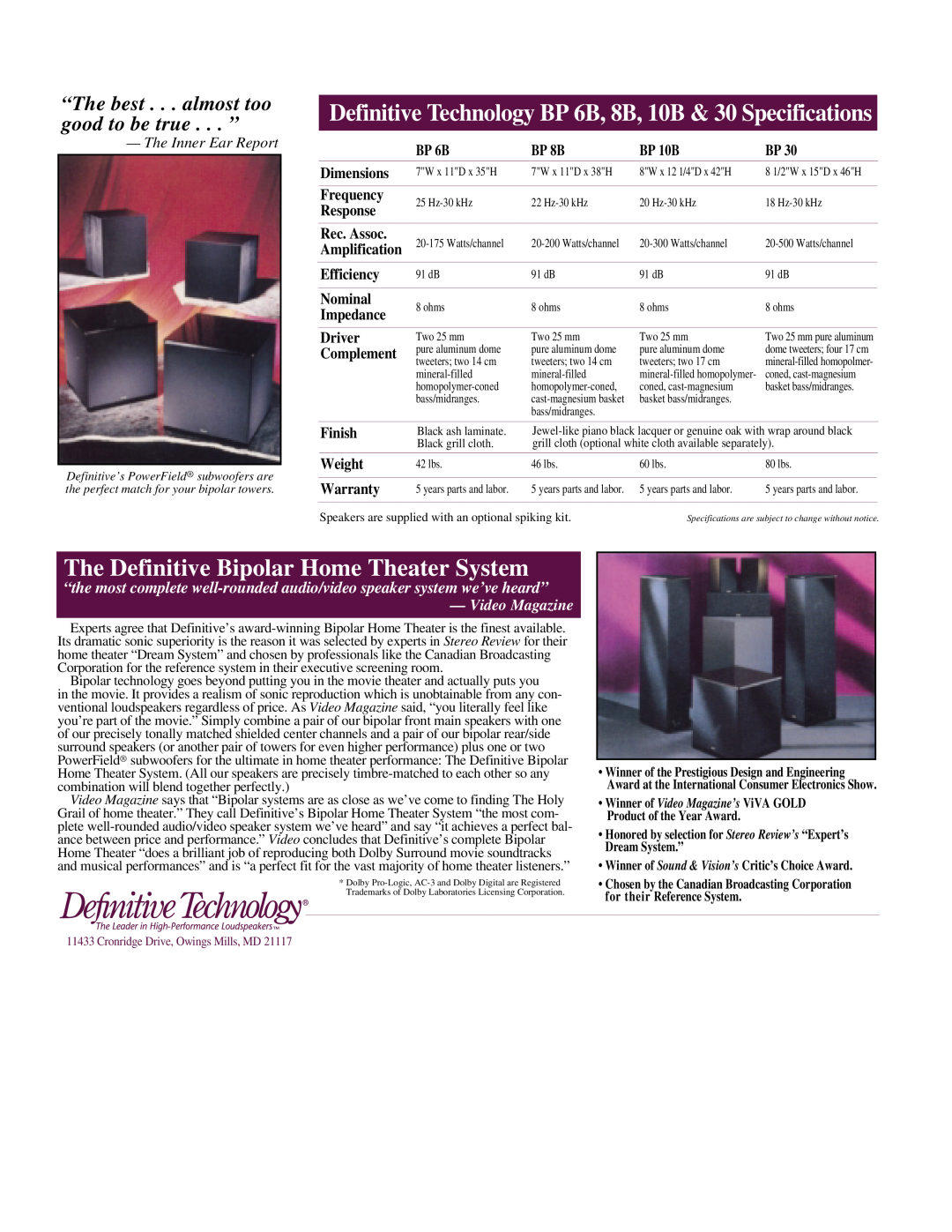 Definitive Technology BP 6B, 30, 8B, 10B The Definitive Bipolar Home Theater System, The Inner Ear Report, Video Magazine 