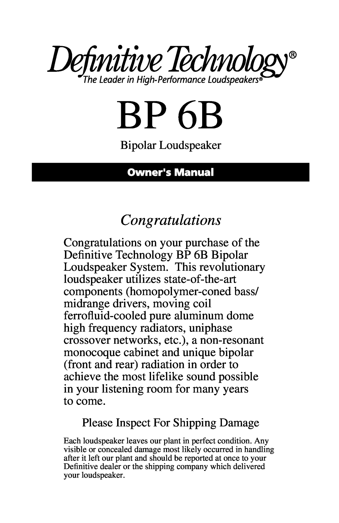 Definitive Technology BP 6B manual Congratulations 