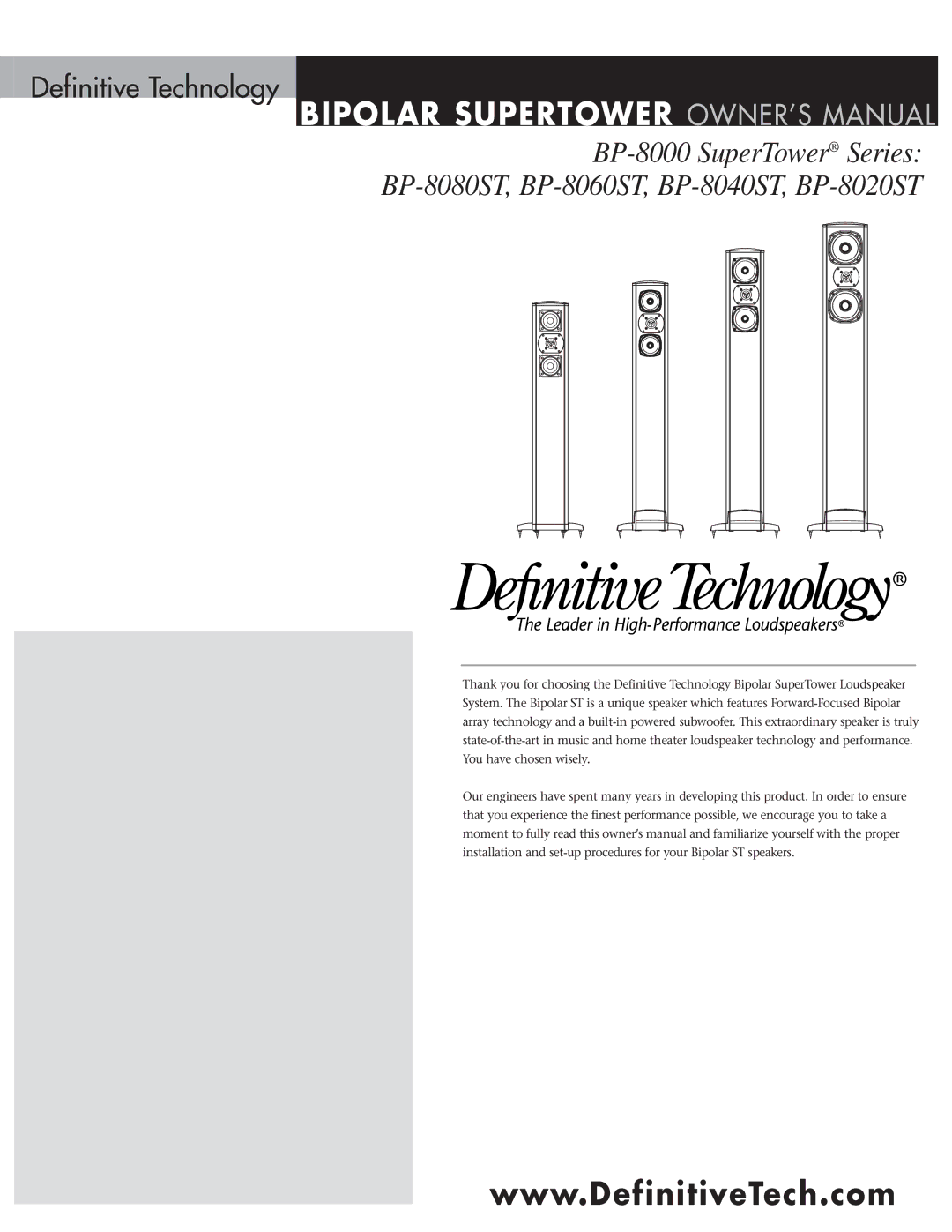 Definitive Technology BP-8080ST, BP-8060ST, BP-8040ST owner manual Definitive Technology 