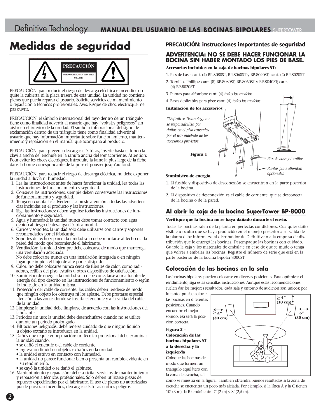 Definitive Technology BP-8080ST, BP-8060ST Medidas de seguridad, Al abrir la caja de la bocina SuperTower BP-8000 