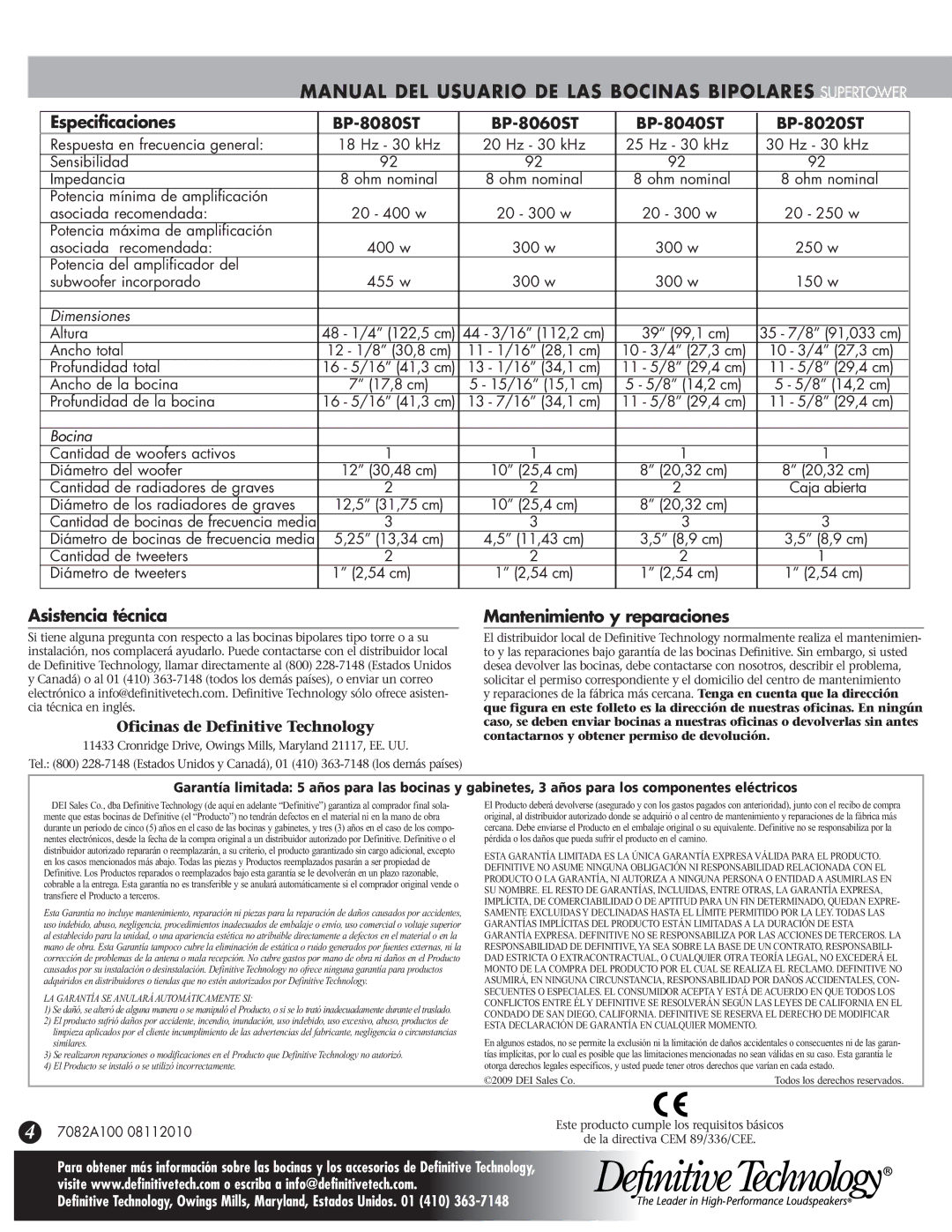 Definitive Technology BP-8060ST, BP-8080ST Especificaciones, Asistencia técnica, Mantenimiento y reparaciones, Bocina 