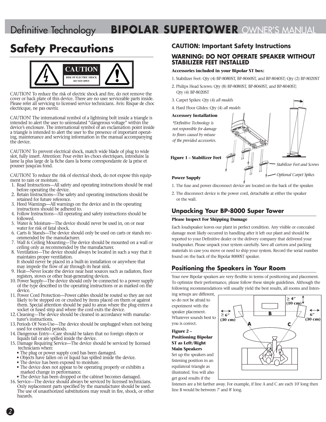 Definitive Technology BP-8040ST, BP-8060ST, BP-8080ST owner manual Safety Precautions, Unpacking Your BP-8000 Super Tower 