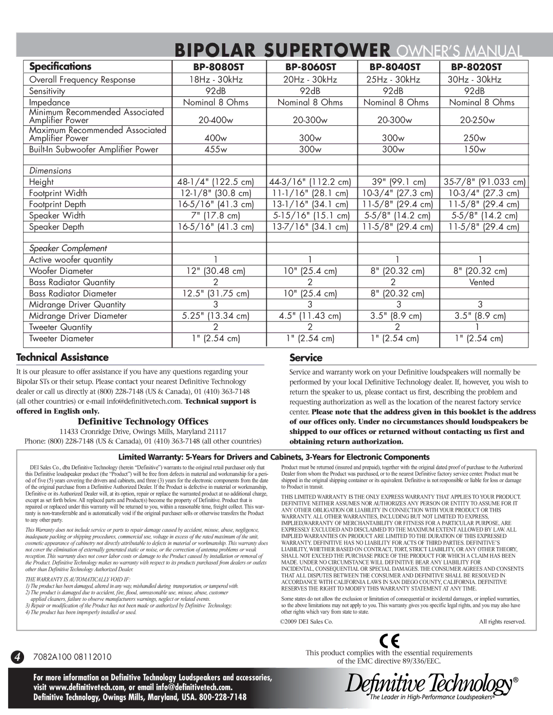 Definitive Technology BP-8080ST, BP-8060ST, BP-8040ST Specifications, Technical Assistance, Service, Speaker Complement 