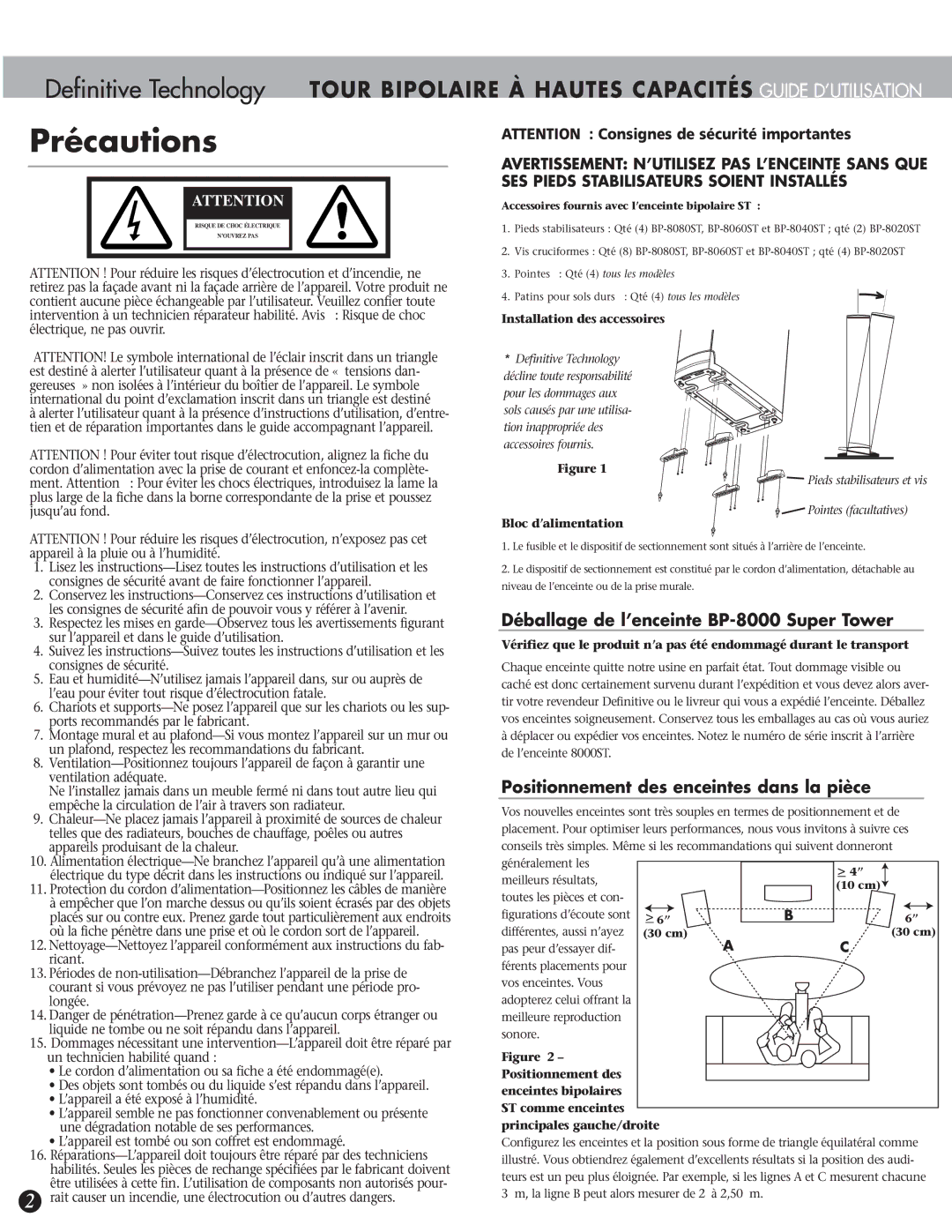 Definitive Technology BP-8060ST Précautions, Déballage de l’enceinte BP-8000 Super Tower, Installation des accessoires 