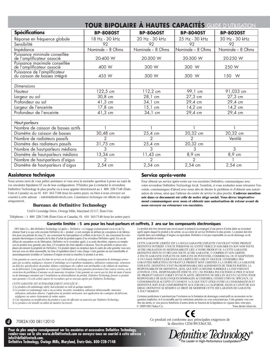 Definitive Technology BP-8040ST, BP-8060ST Spécifications, Assistance technique, Service après-vente, Haut-parleurs 