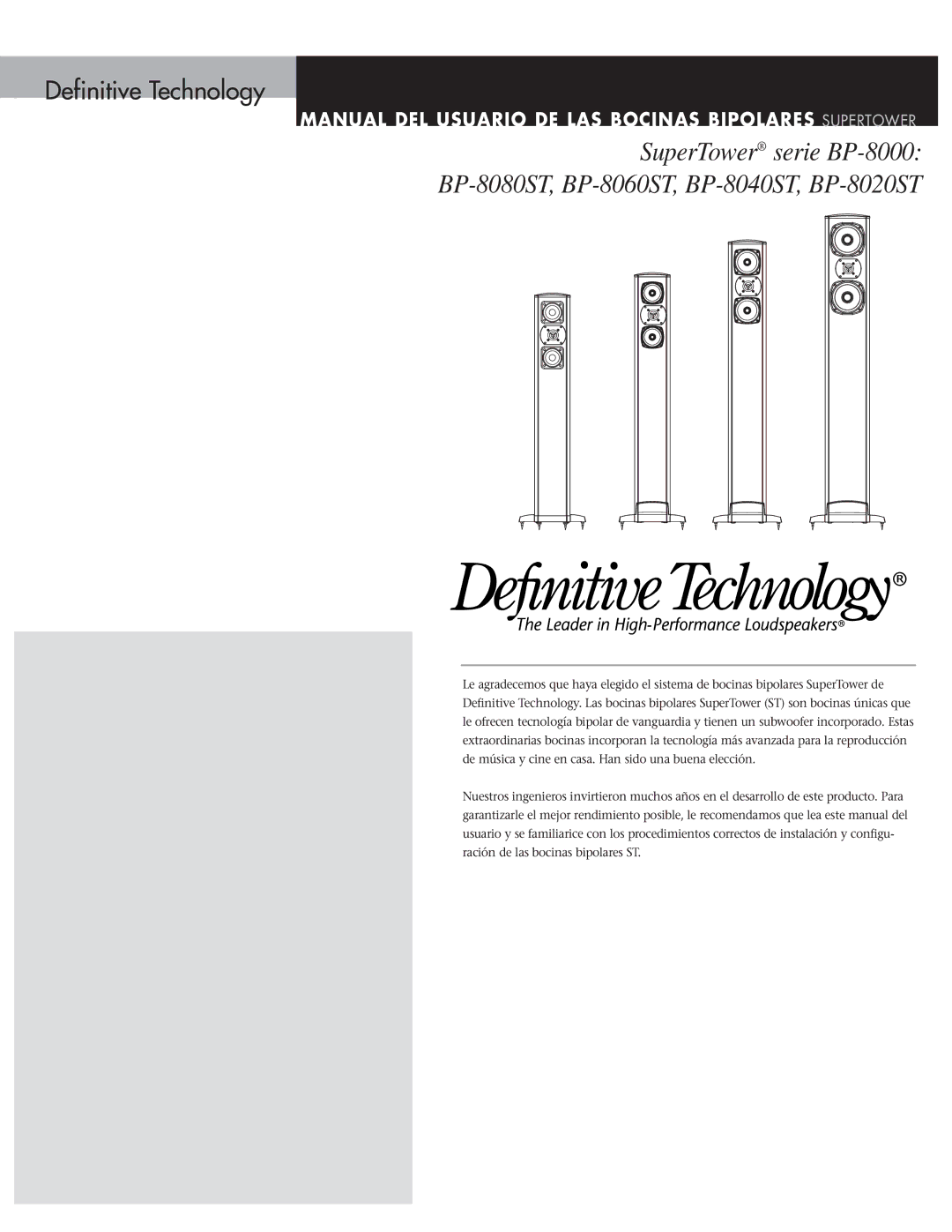 Definitive Technology BP-8060ST, BP-8080ST, BP-8040ST owner manual Manual DEL Usuario DE LAS Bocinas Bipolares Supertower 