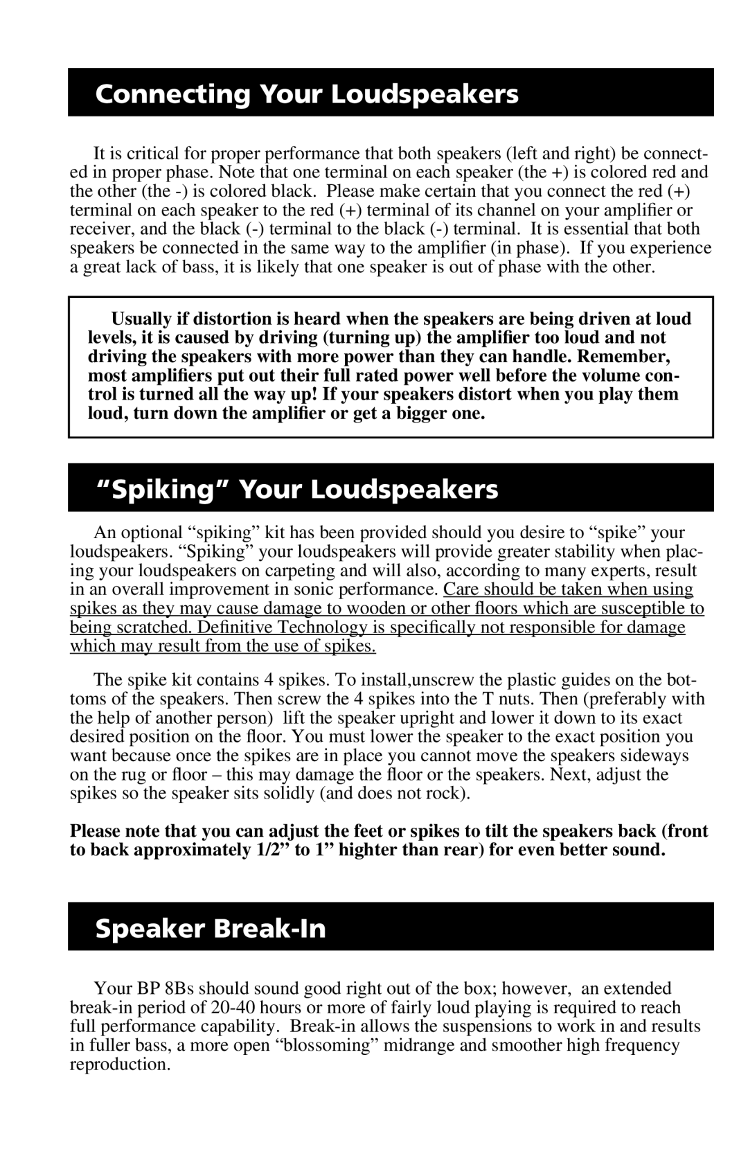 Definitive Technology BP 8B owner manual Connecting Your Loudspeakers, Spiking Your Loudspeakers, Speaker Break-In 