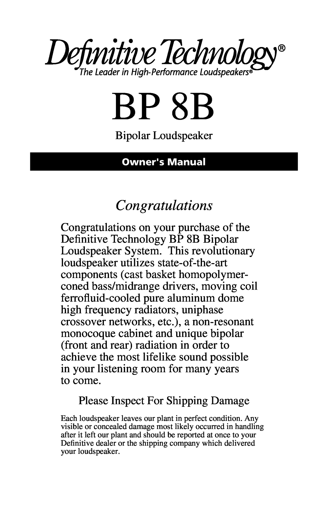 Definitive Technology BP 8B owner manual Congratulations 