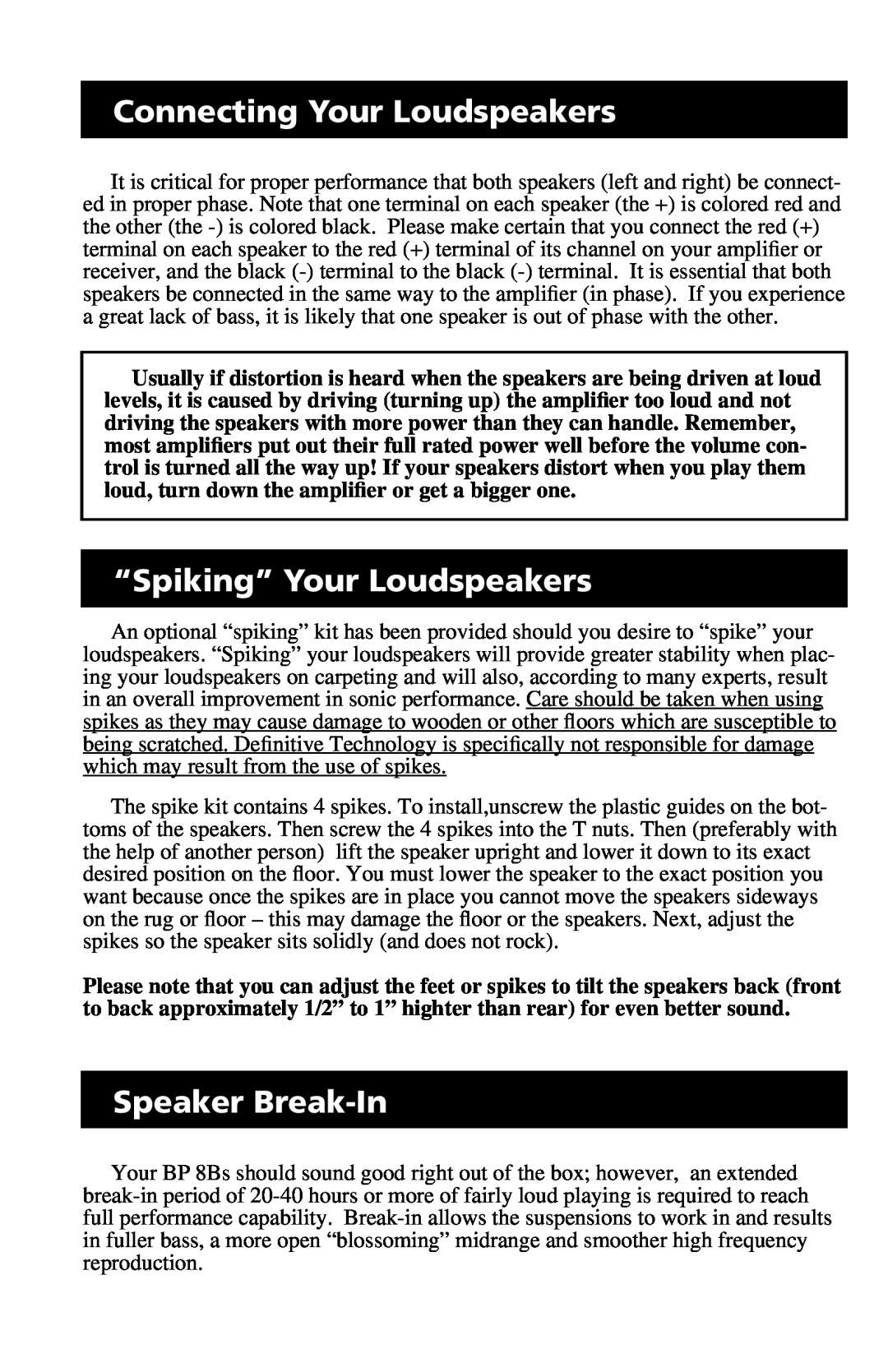 Definitive Technology BP 8B owner manual Connecting Your Loudspeakers, “Spiking” Your Loudspeakers, Speaker Break-In 