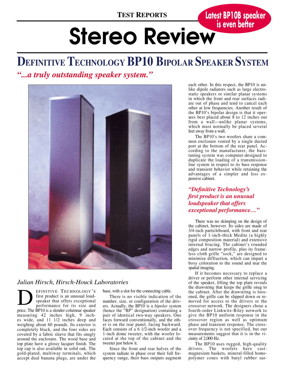 Definitive Technology BP10B manual Stereo Review, Julian Hirsch, Hirsch-Houck Laboratories 