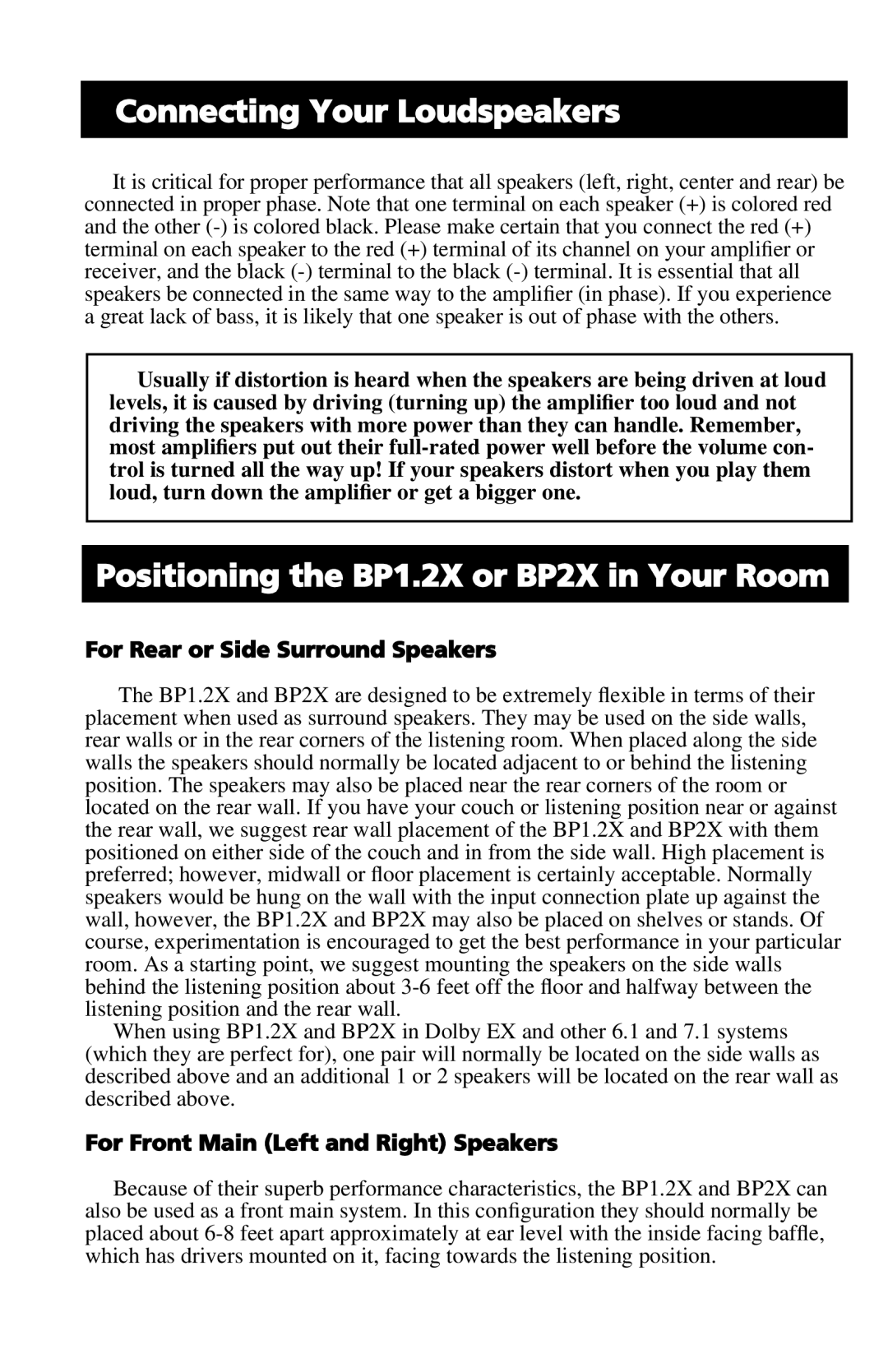 Definitive Technology manual Connecting Your Loudspeakers, Positioning the BP1.2X or BP2X in Your Room 