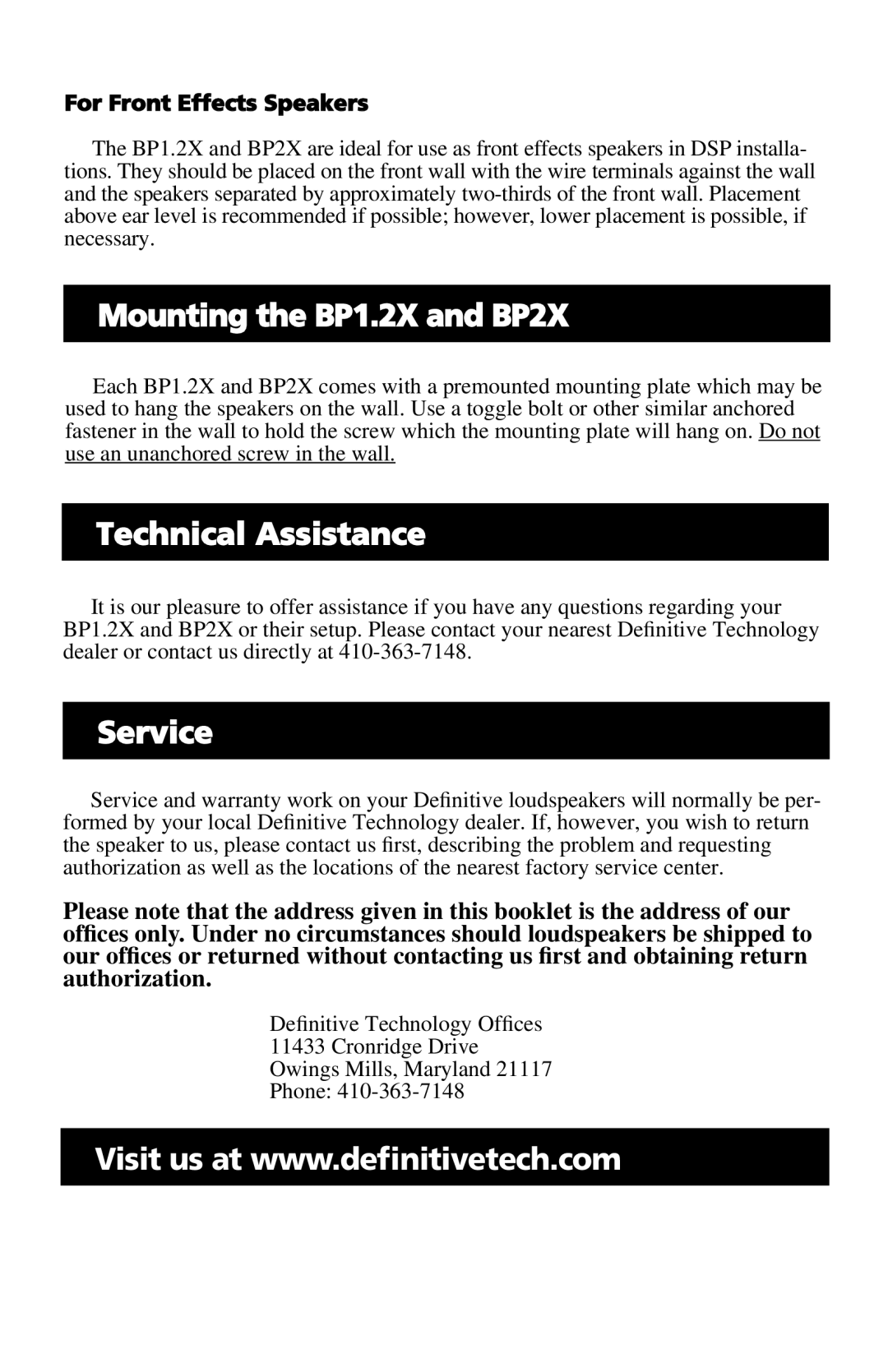 Definitive Technology manual Mounting the BP1.2X and BP2X, Technical Assistance, Service, For Front Effects Speakers 