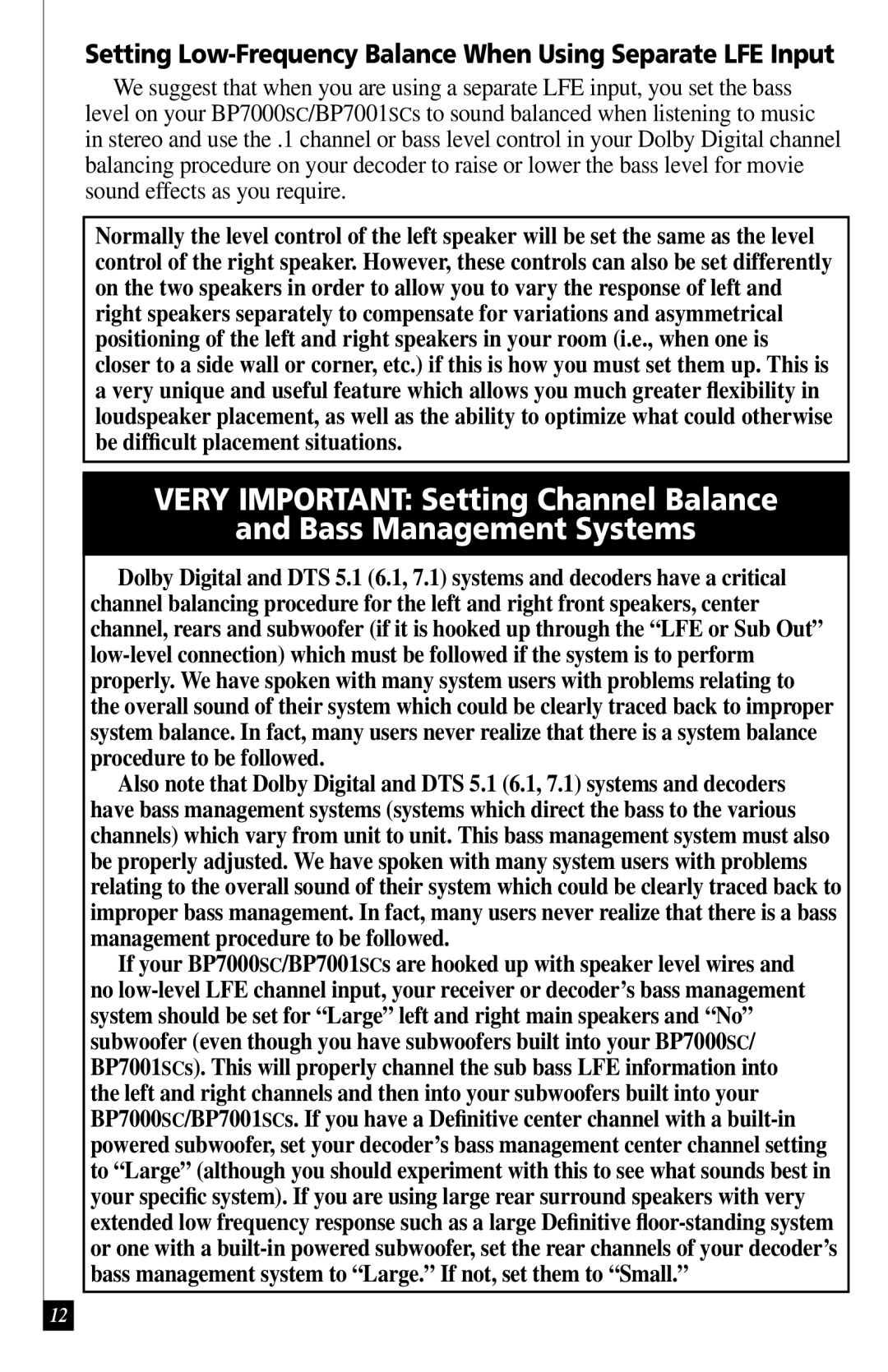 Definitive Technology BP7000SC, BP7001SC owner manual Setting Low-Frequency Balance When Using Separate LFE Input 