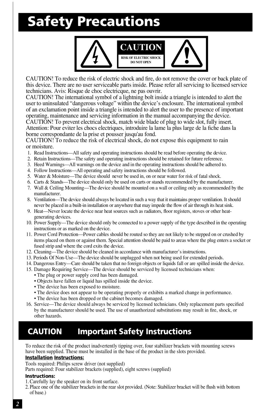 Definitive Technology BP7000SC, BP7001SC owner manual Safety Precautions 