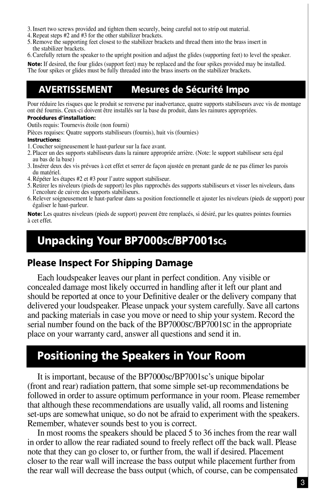 Definitive Technology owner manual Unpacking Your BP7000SC/BP7001SCs, Positioning the Speakers in Your Room 