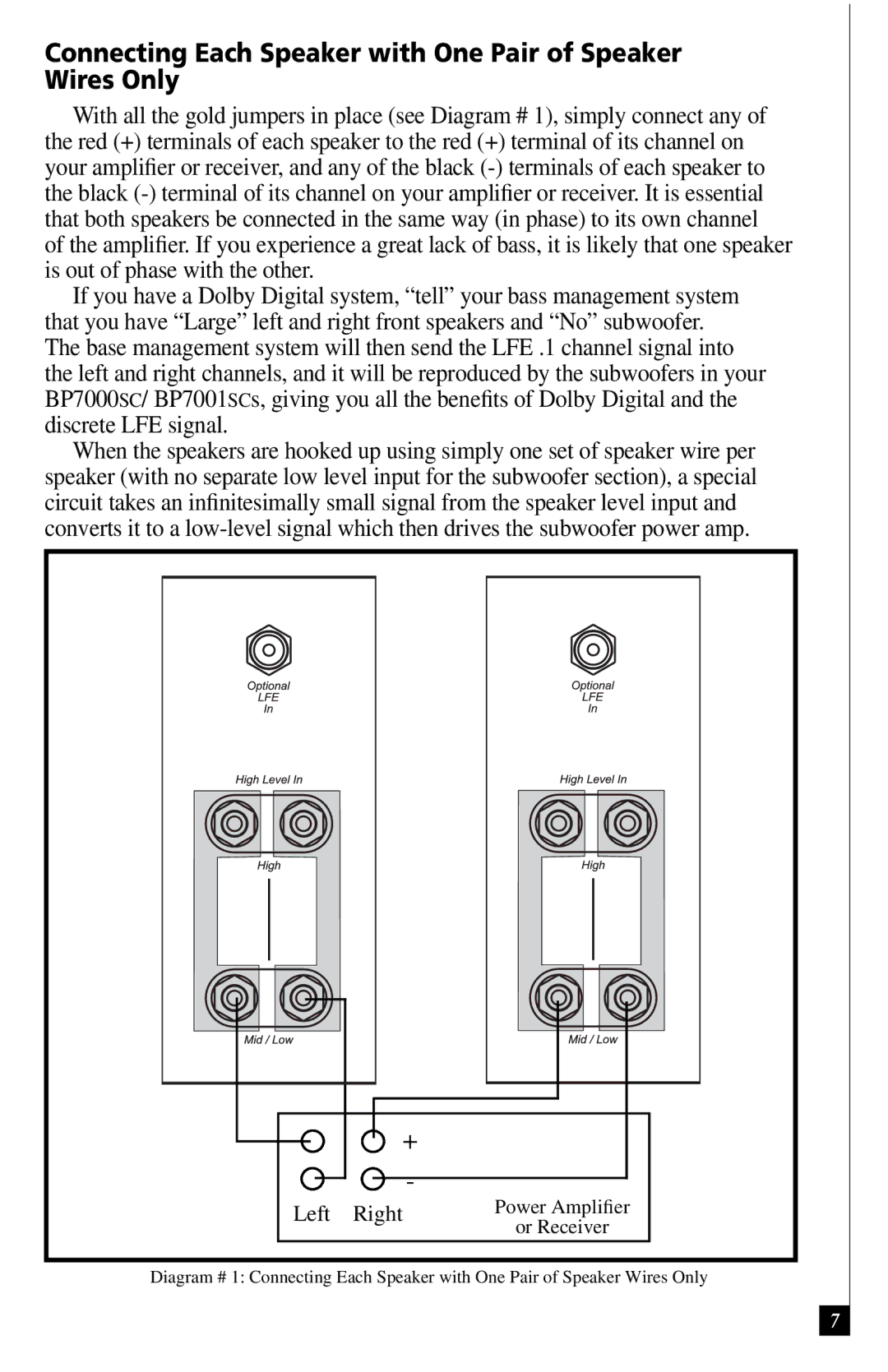 Definitive Technology BP7001SC, BP7000SC owner manual Connecting Each Speaker with One Pair of Speaker Wires Only 