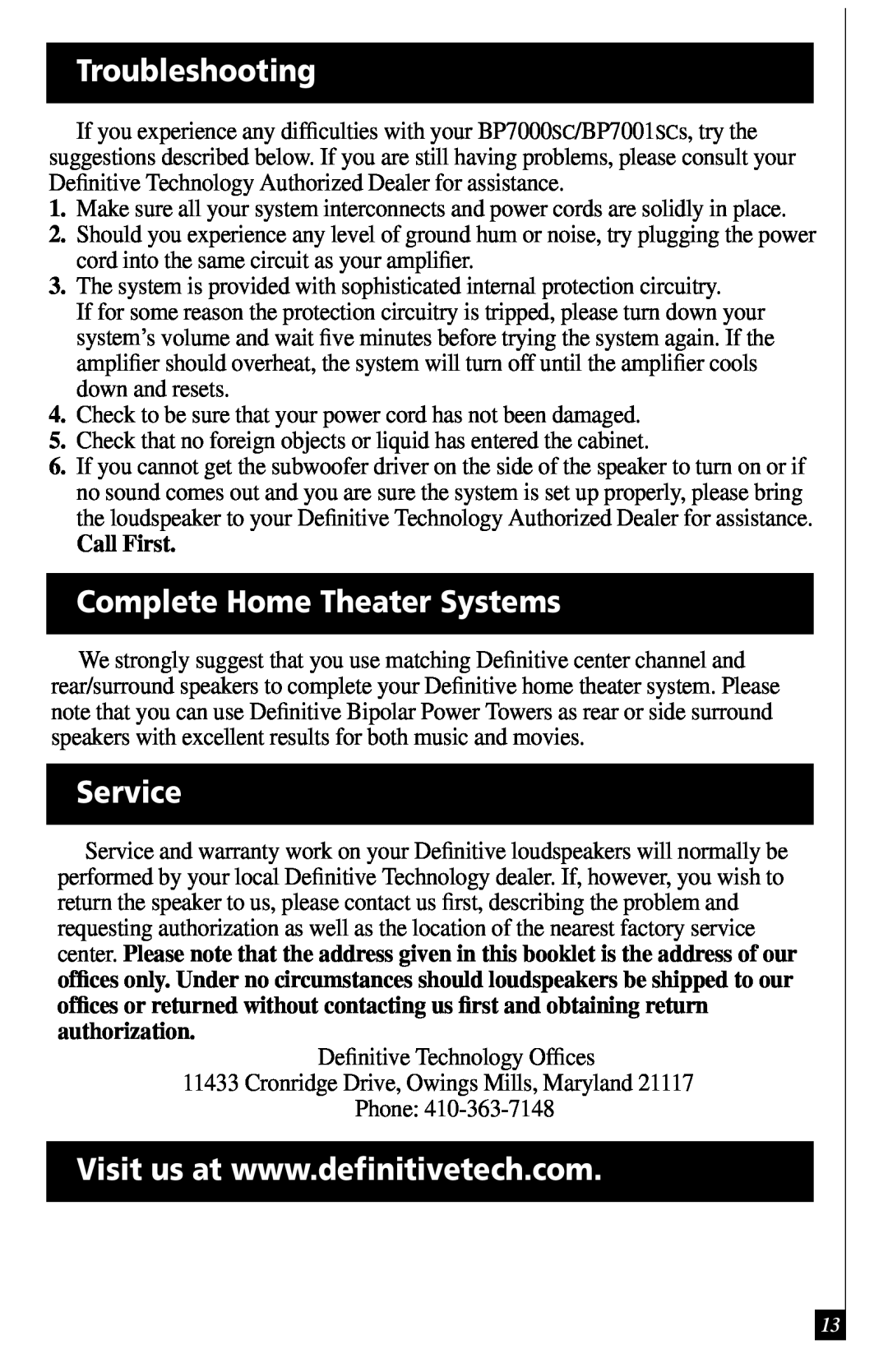 Definitive Technology BP7001SC, BP7000SC owner manual Troubleshooting, Complete Home Theater Systems, Service, Call First 