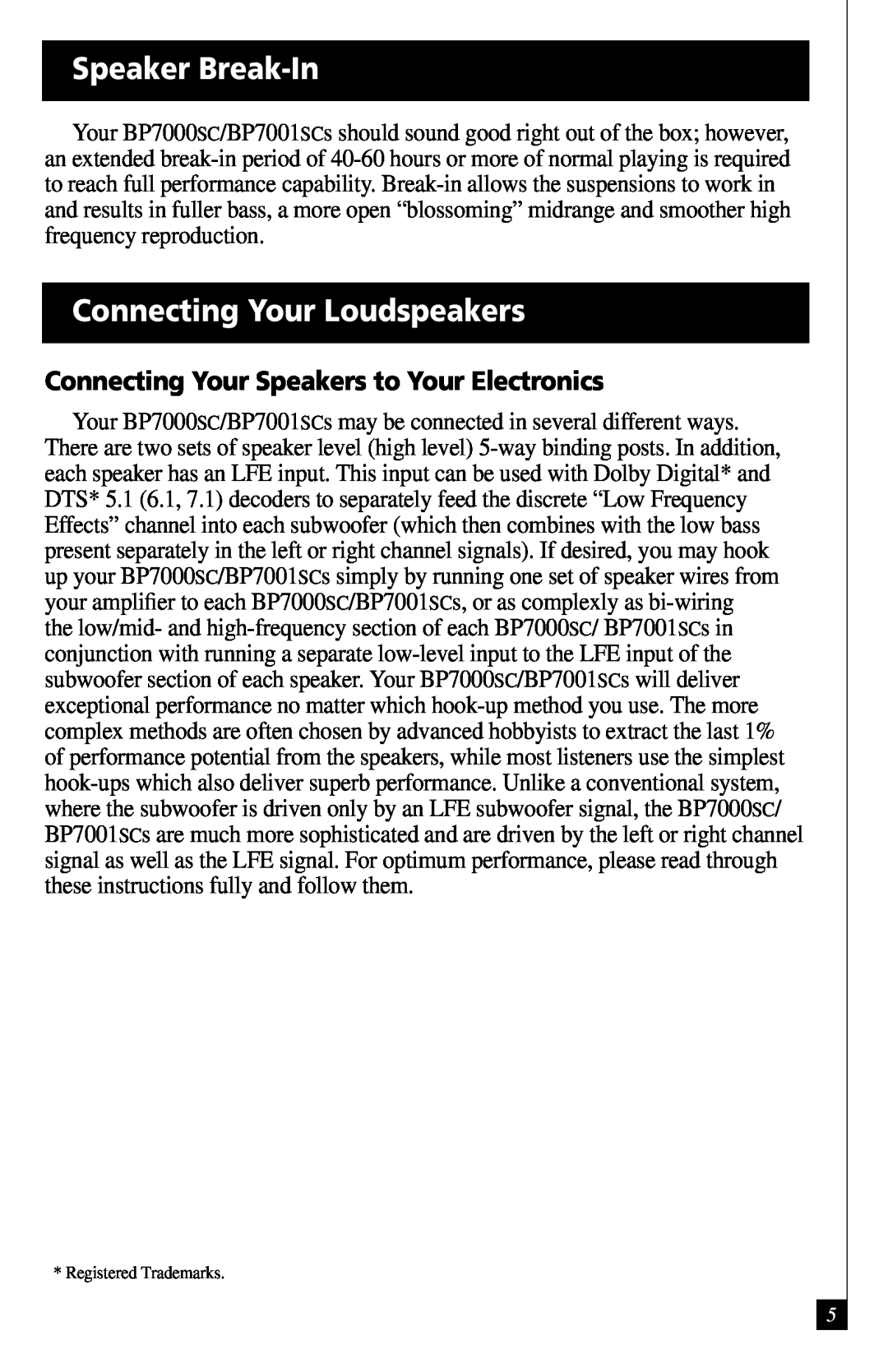 Definitive Technology BP7001SC, BP7000SC owner manual Speaker Break-In, Connecting Your Loudspeakers 