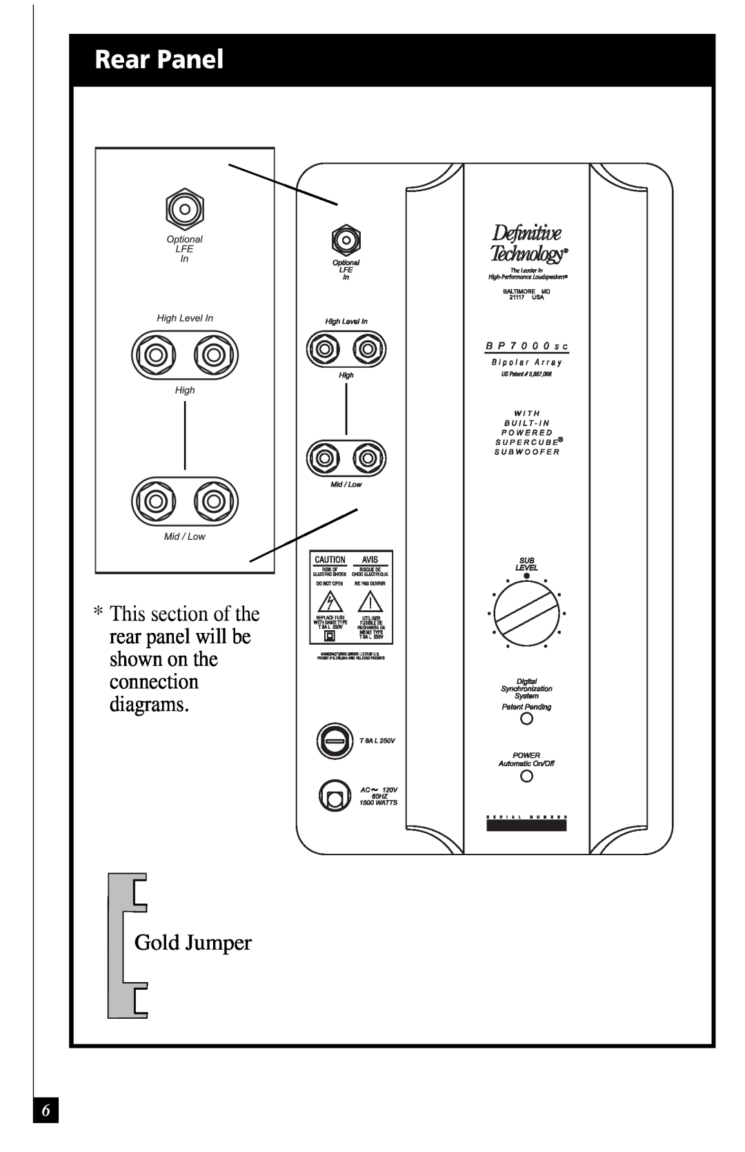 Definitive Technology BP7000SC, BP7001SC owner manual Rear Panel, Gold Jumper 