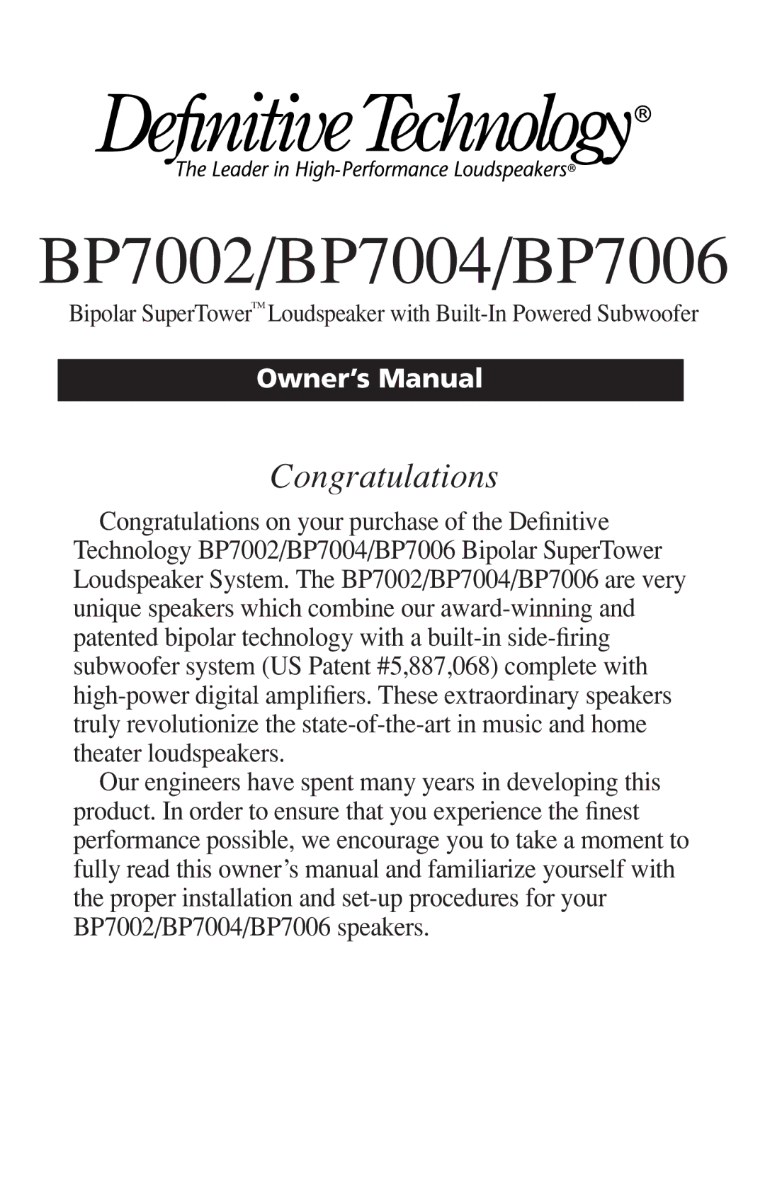 Definitive Technology owner manual BP7002/BP7004/BP7006 