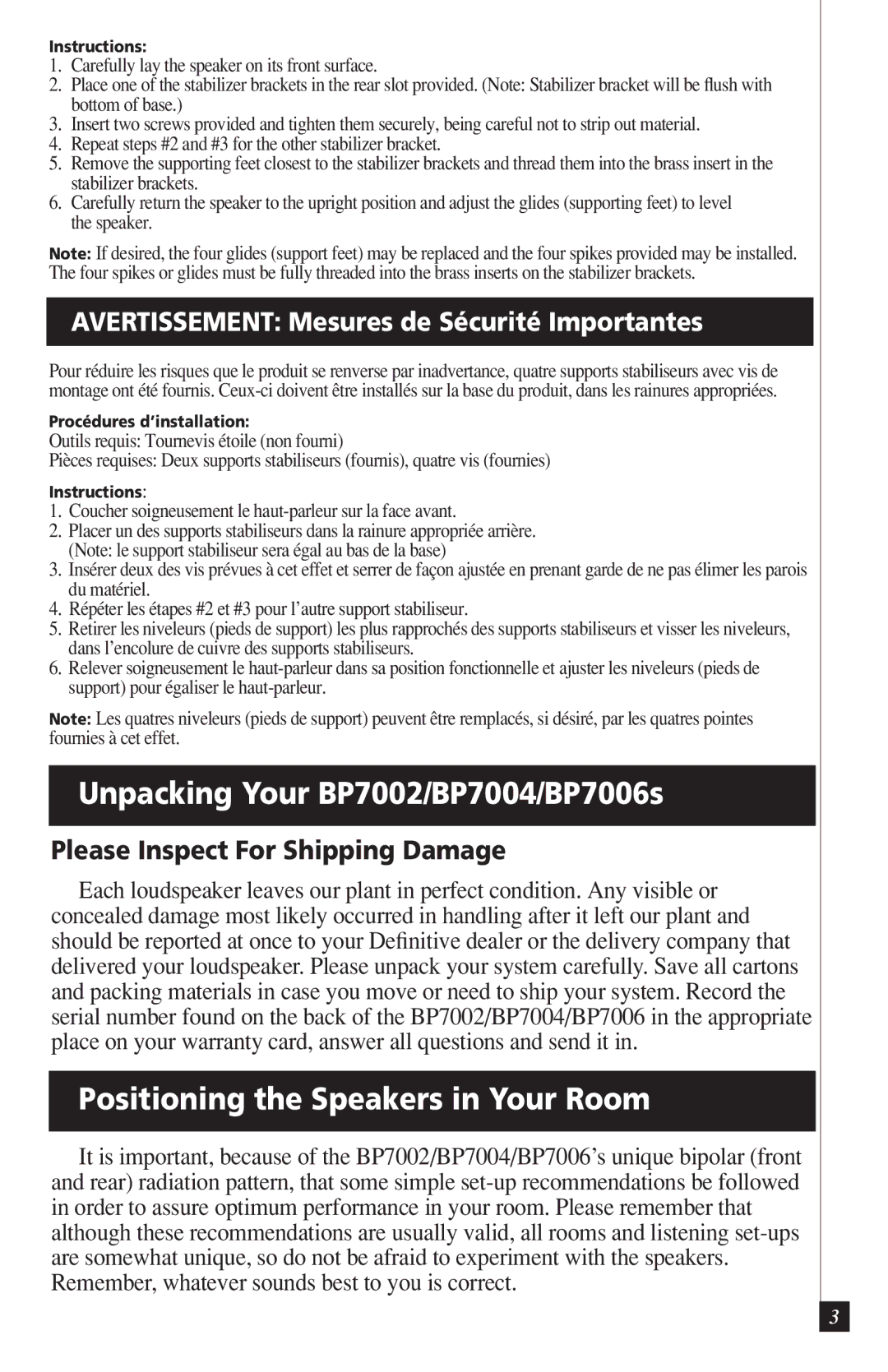 Definitive Technology owner manual Unpacking Your BP7002/BP7004/BP7006s, Positioning the Speakers in Your Room 