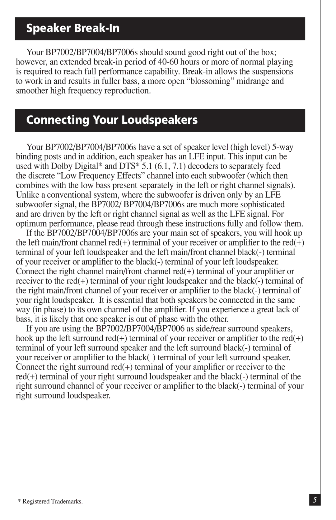 Definitive Technology BP7002, BP7004, BP7006 owner manual Speaker Break-In, Connecting Your Loudspeakers 