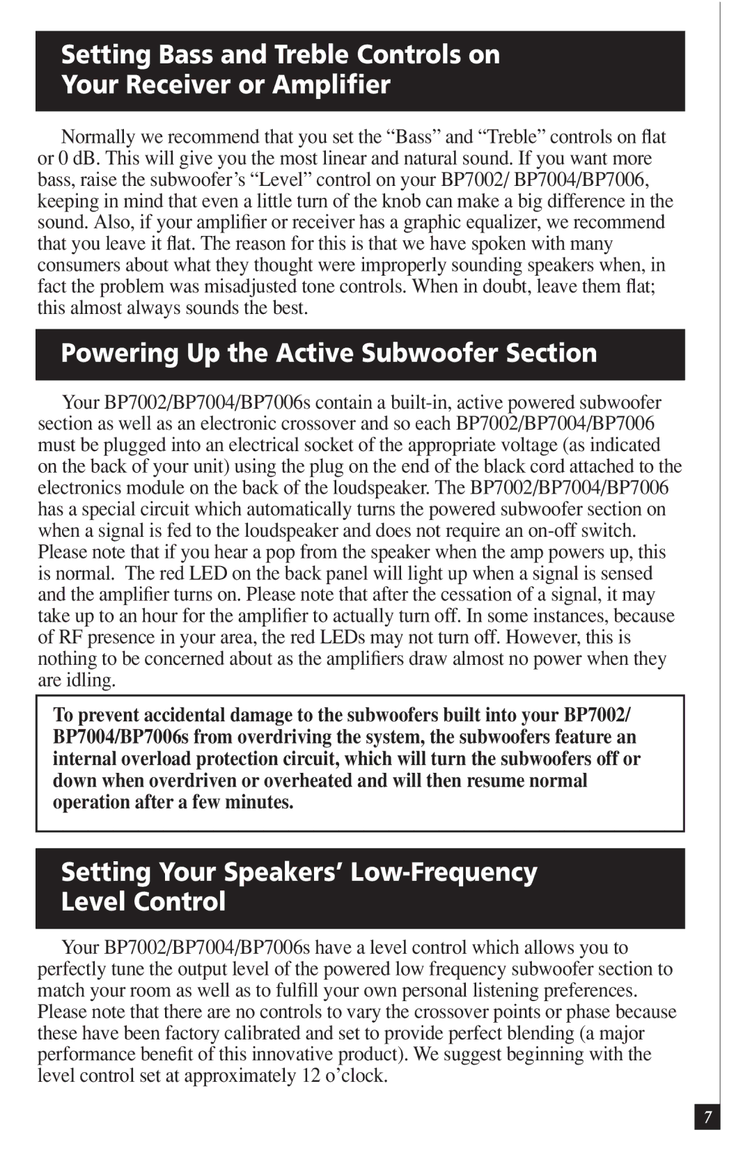 Definitive Technology BP7006 Powering Up the Active Subwoofer Section, Setting Your Speakers’ Low-Frequency Level Control 