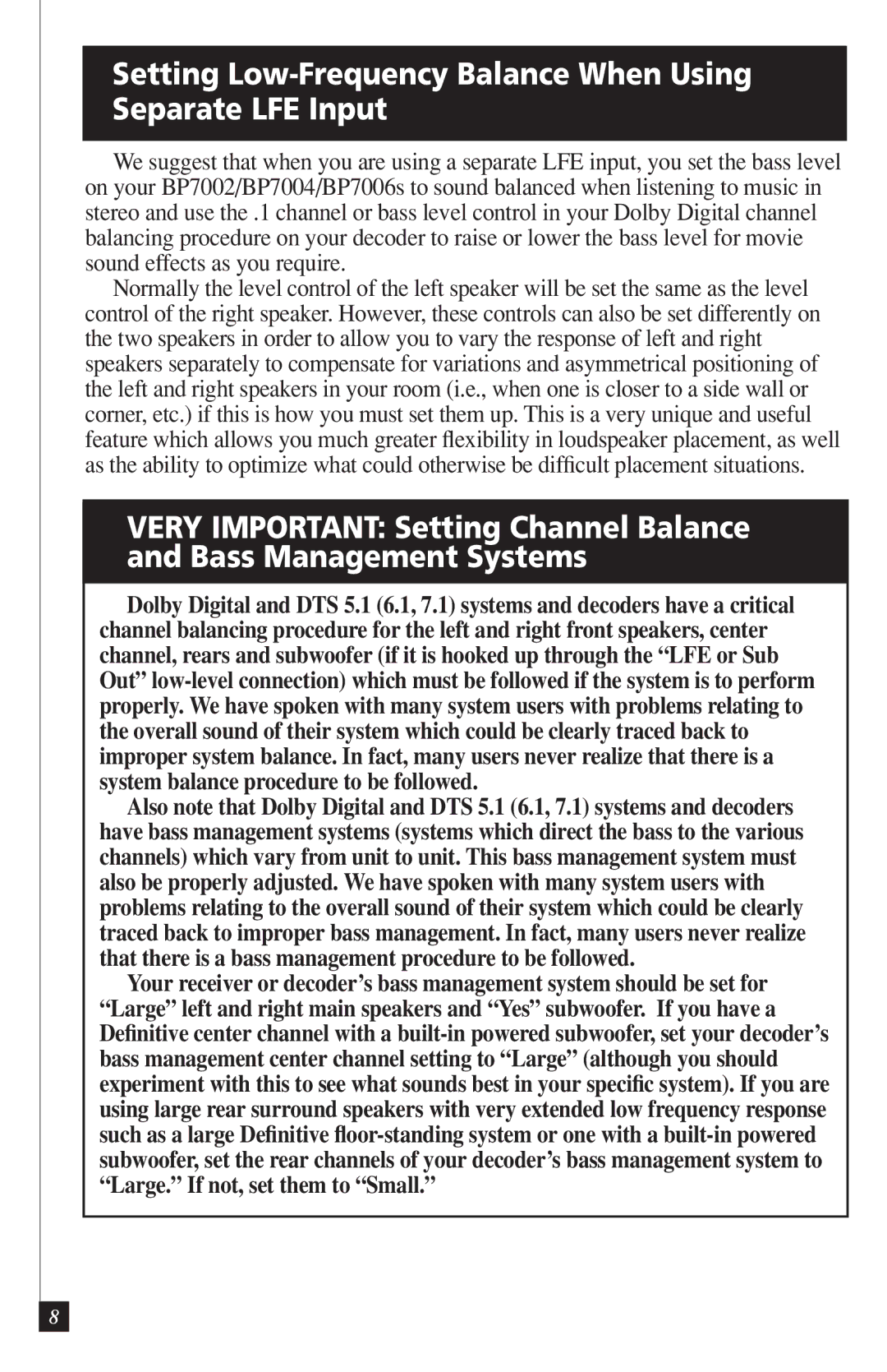 Definitive Technology BP7002, BP7004, BP7006 owner manual Setting Low-Frequency Balance When Using Separate LFE Input 