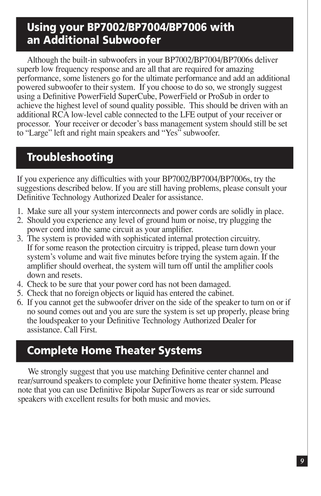 Definitive Technology BP7004, BP7006, BP7002 owner manual Troubleshooting, Complete Home Theater Systems 