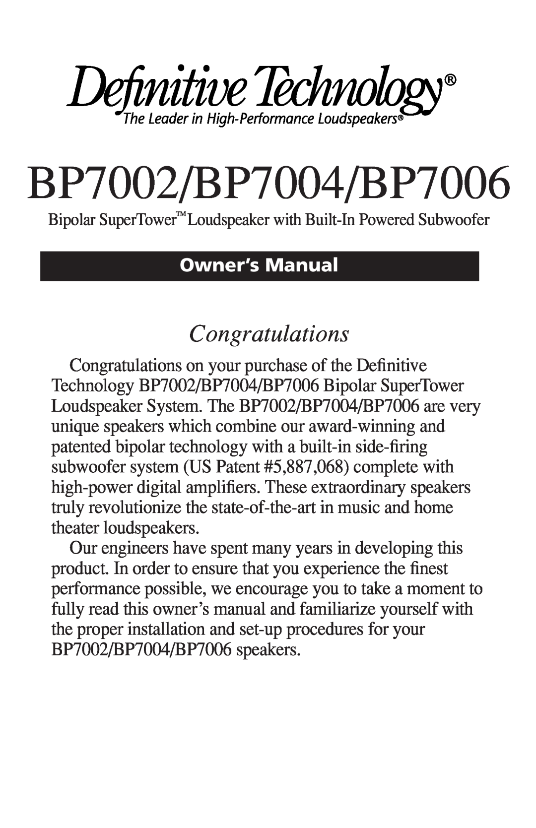 Definitive Technology owner manual BP7002/BP7004/BP7006, Congratulations 