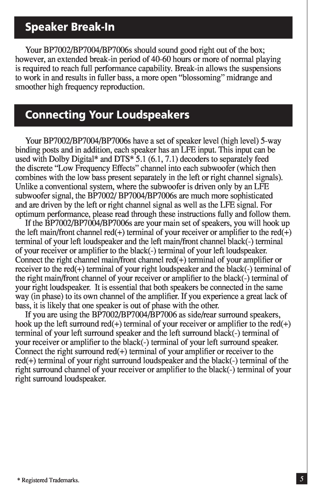 Definitive Technology BP7002, BP7004, BP7006 Speaker Break-In, Connecting Your Loudspeakers, Registered Trademarks 