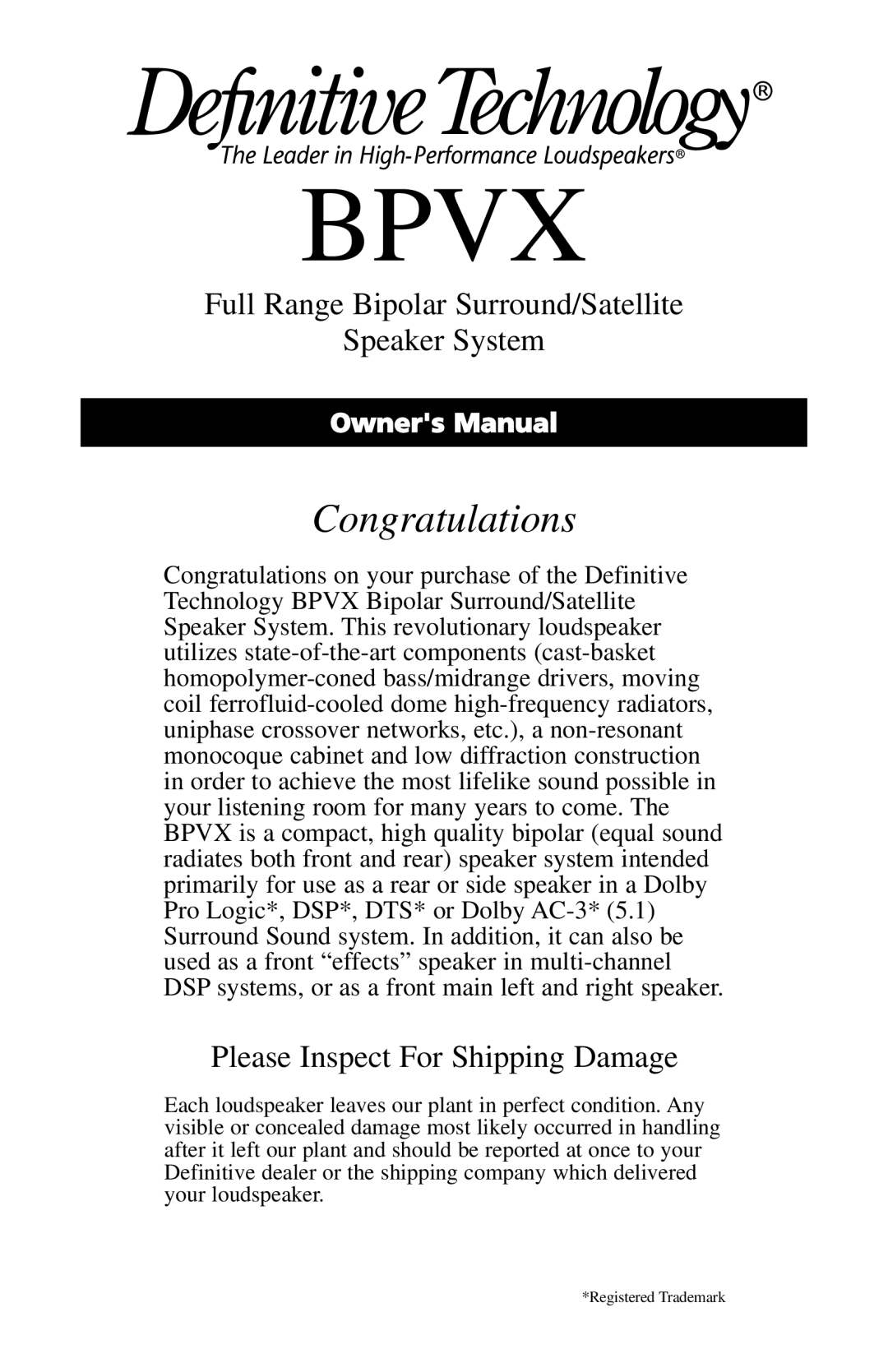 Definitive Technology Full Range Bipolar Surround/Satellite Speaker System, BPVX manual Bpvx 