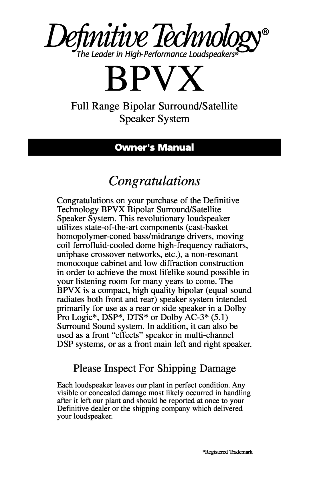 Definitive Technology Full Range Bipolar Surround/Satellite Speaker System manual Please Inspect For Shipping Damage, Bpvx 