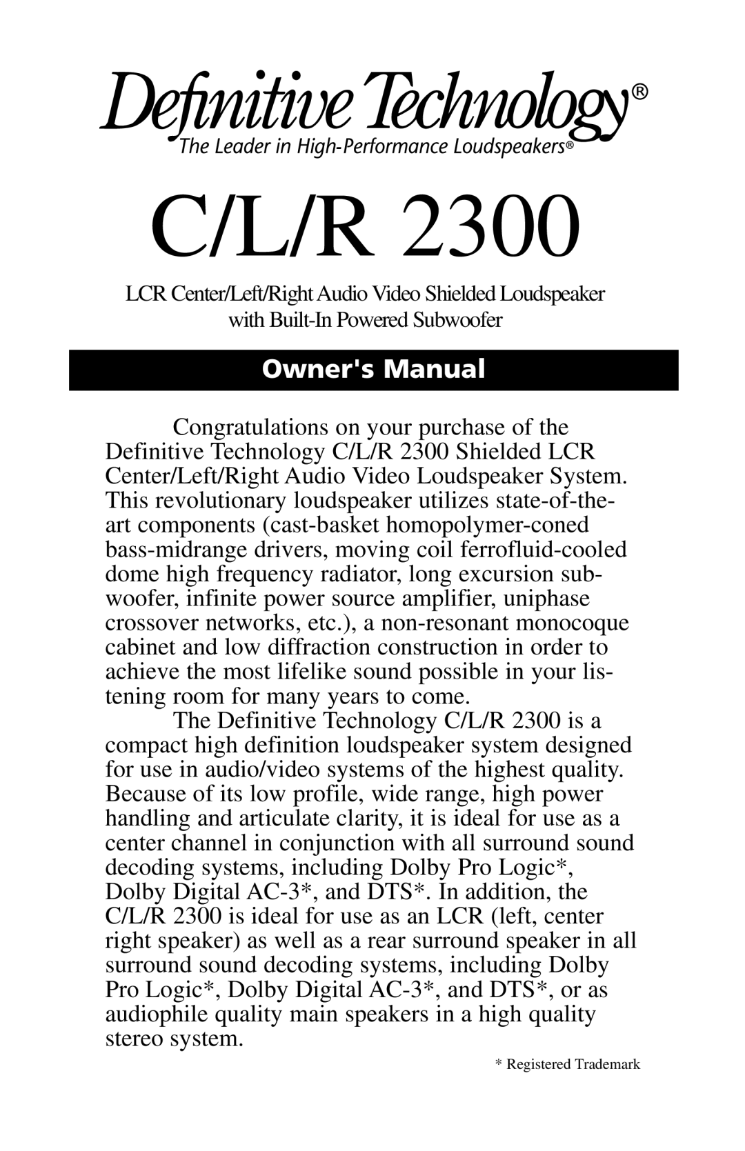 Definitive Technology CLR2300BK owner manual Registered Trademark 