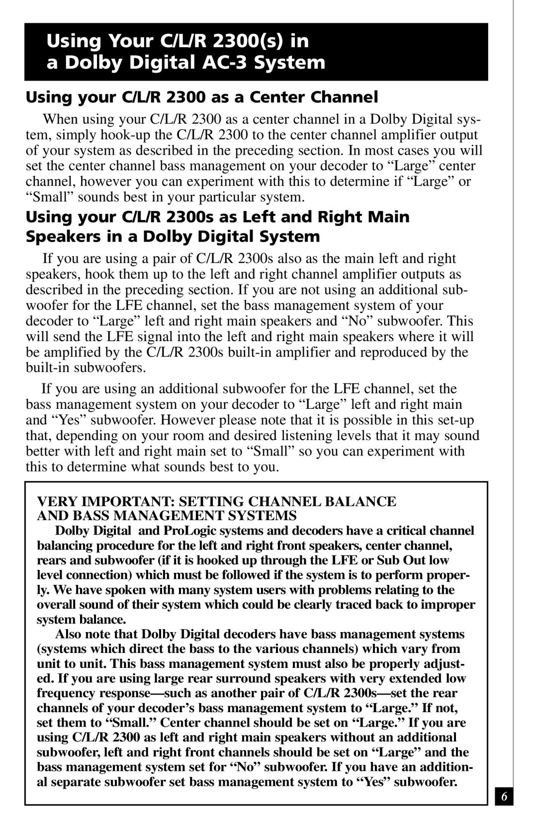 Definitive Technology CLR2300BK owner manual Using Your C/L/R 2300s Dolby Digital AC-3 System 