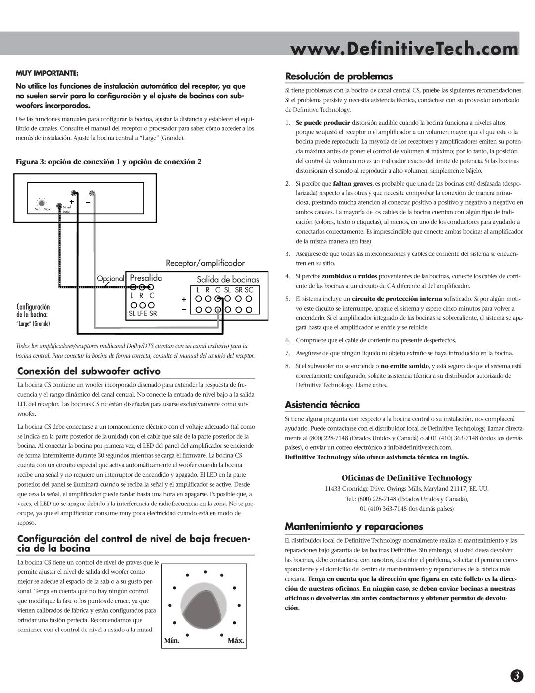 Definitive Technology CS-8080HD, CS-8000HD, CS-8060HD owner manual Mantenimiento y reparaciones, Large Grande 