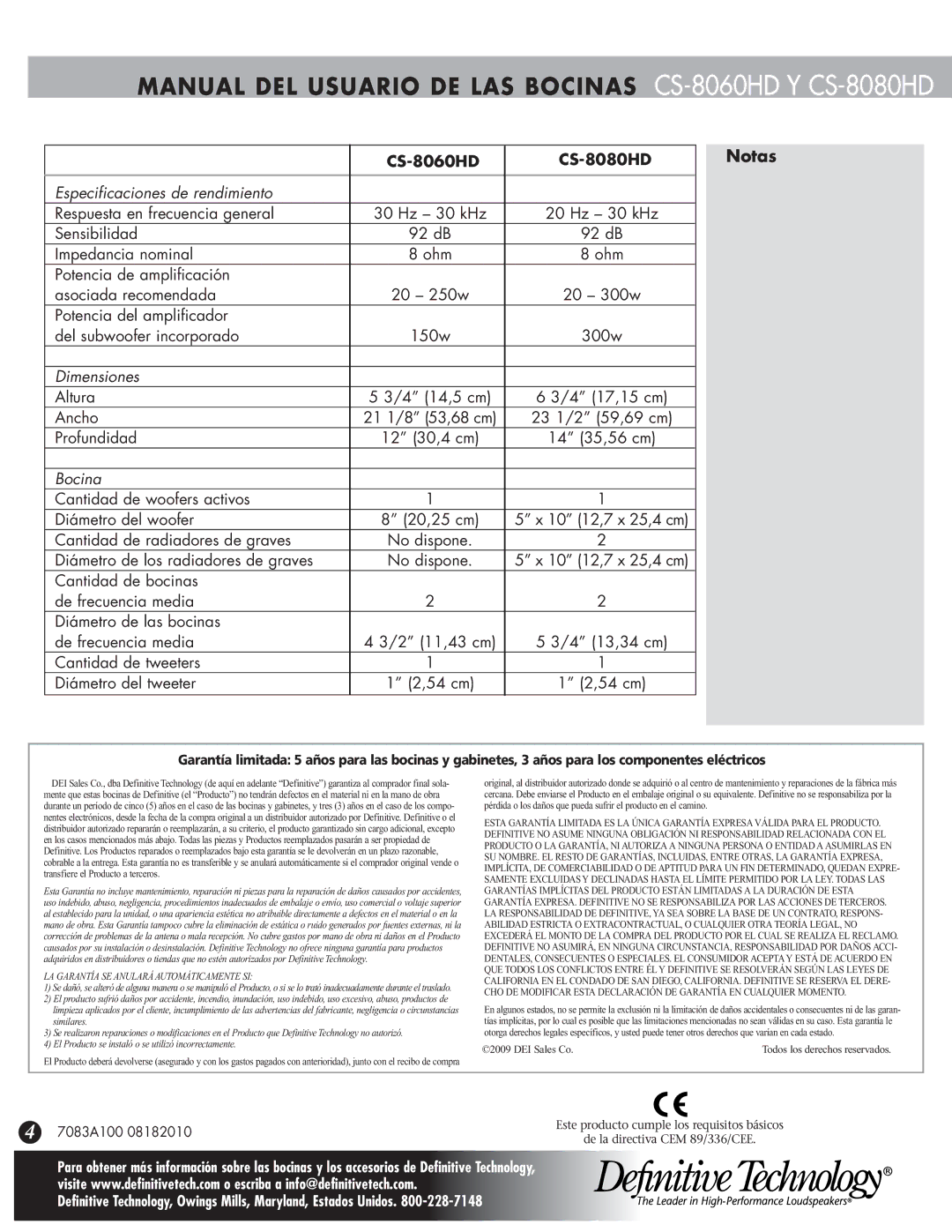 Definitive Technology CS-8000HD, CS-8060HD, CS-8080HD owner manual LA Garantía SE Anulará Automáticamente SI 