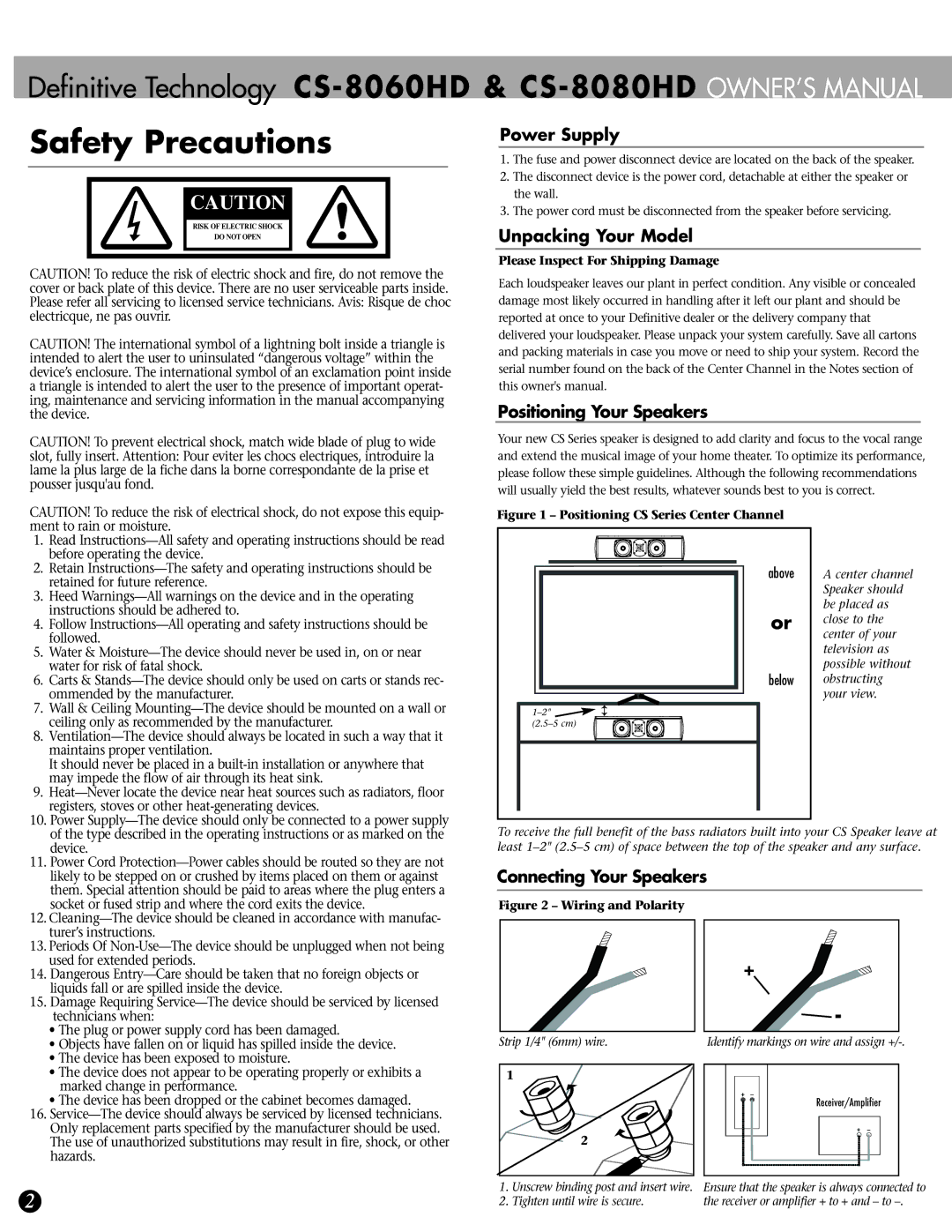 Definitive Technology CS-8080HD Safety Precautions, Power Supply, Unpacking Your Model, Positioning Your Speakers 