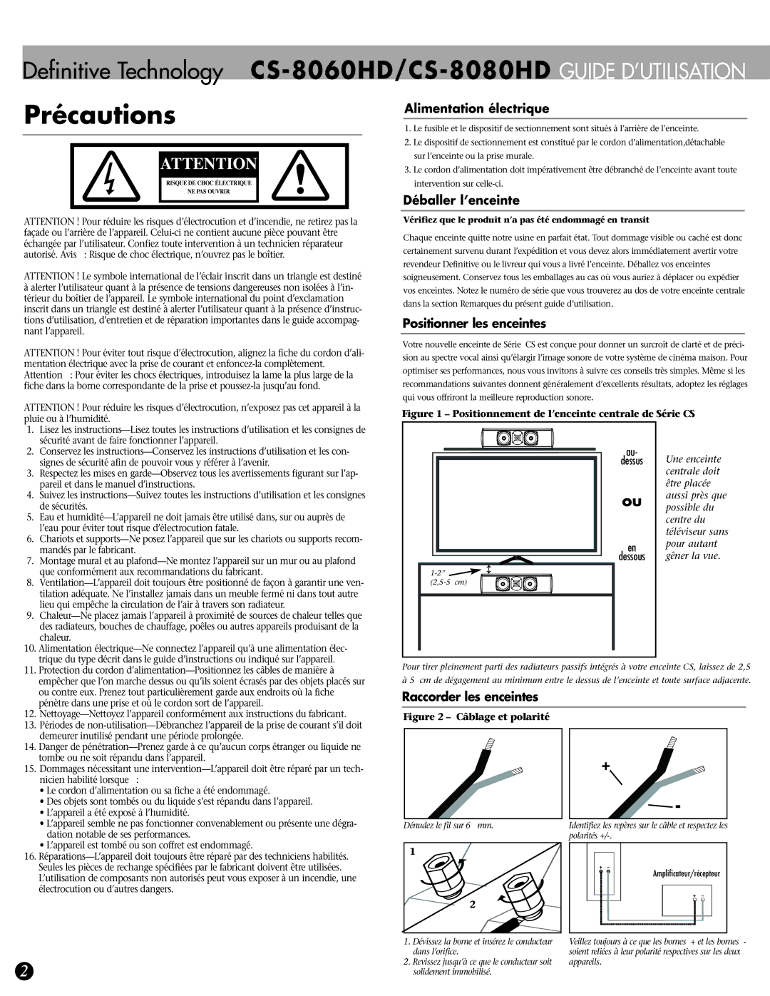 Definitive Technology CS-8000HD, CS-8060HD, CS-8080HD owner manual Précautions, Amplificateur/récepteur 