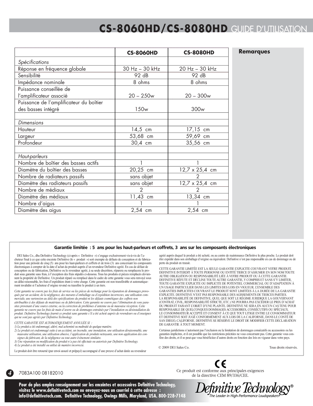 Definitive Technology CS-8080HD, CS-8000HD, CS-8060HD owner manual Cette Garantie EST Automatiquement Annulée SI 