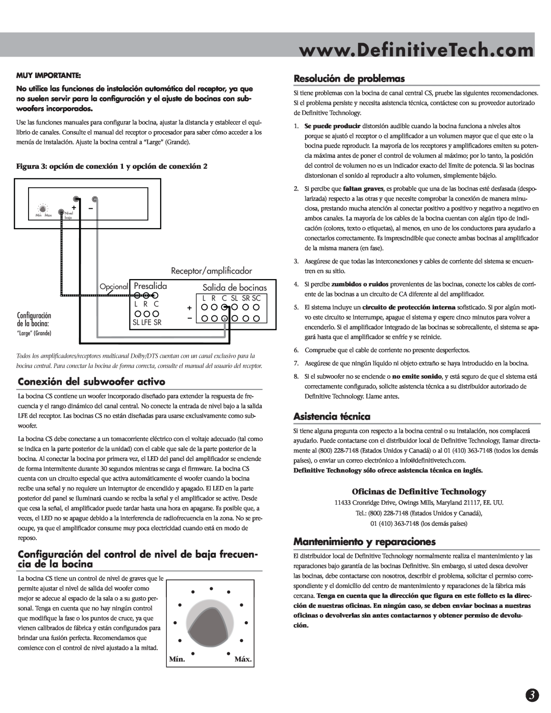 Definitive Technology CS-8080HD Mantenimiento y reparaciones, Conexión del subwoofer activo, Resolución de problemas 