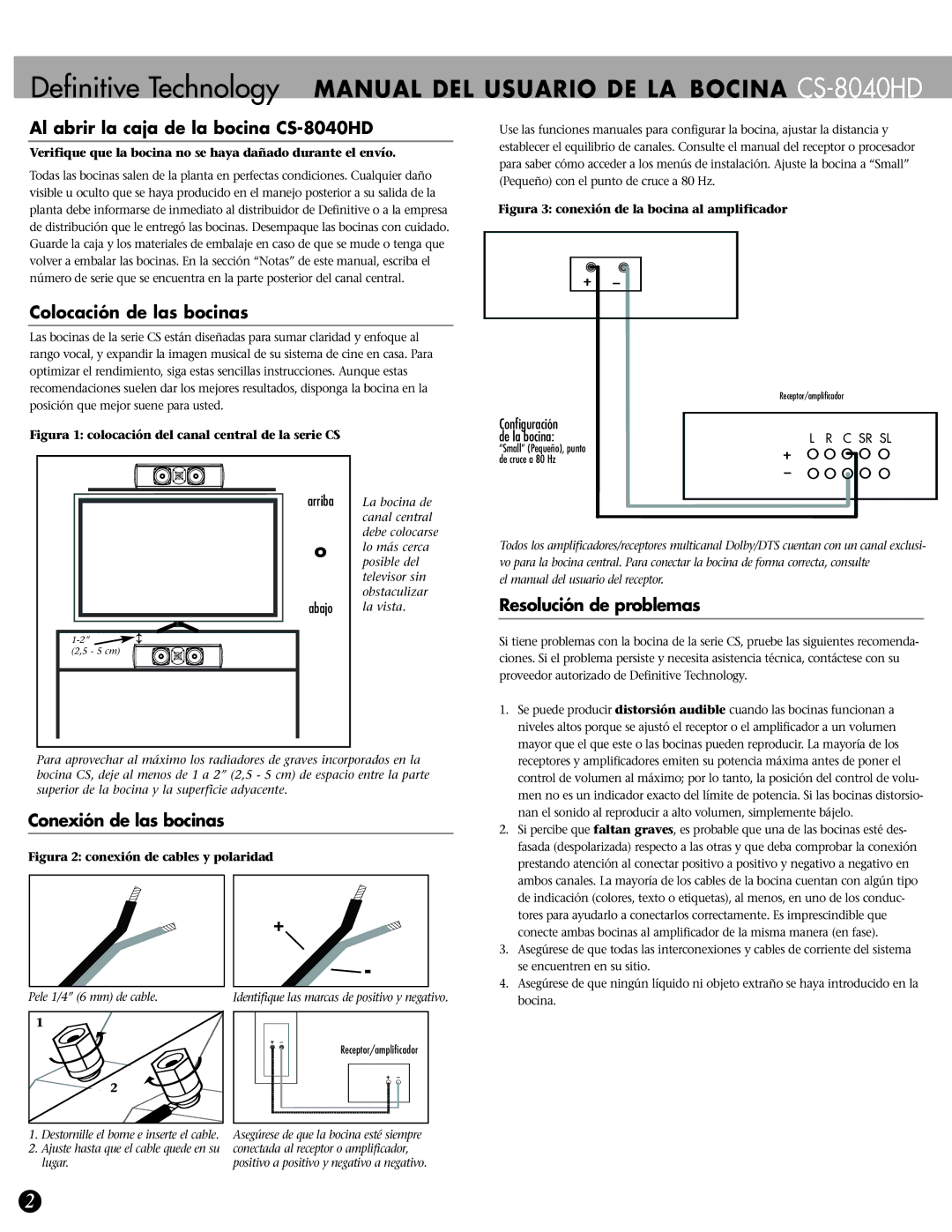 Definitive Technology Al abrir la caja de la bocina CS-8040HD, Colocación de las bocinas, Conexión de las bocinas 