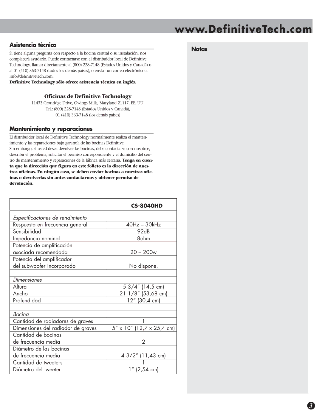 Definitive Technology CS-8040HD Asistencia técnica Notas, Mantenimiento y reparaciones, Oficinas de Definitive Technology 