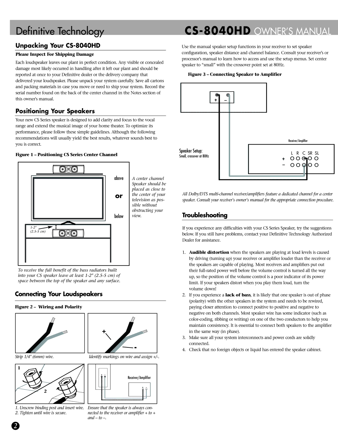 Definitive Technology owner manual Unpacking Your CS-8040HD, Positioning Your Speakers, Troubleshooting, Speaker Setup 