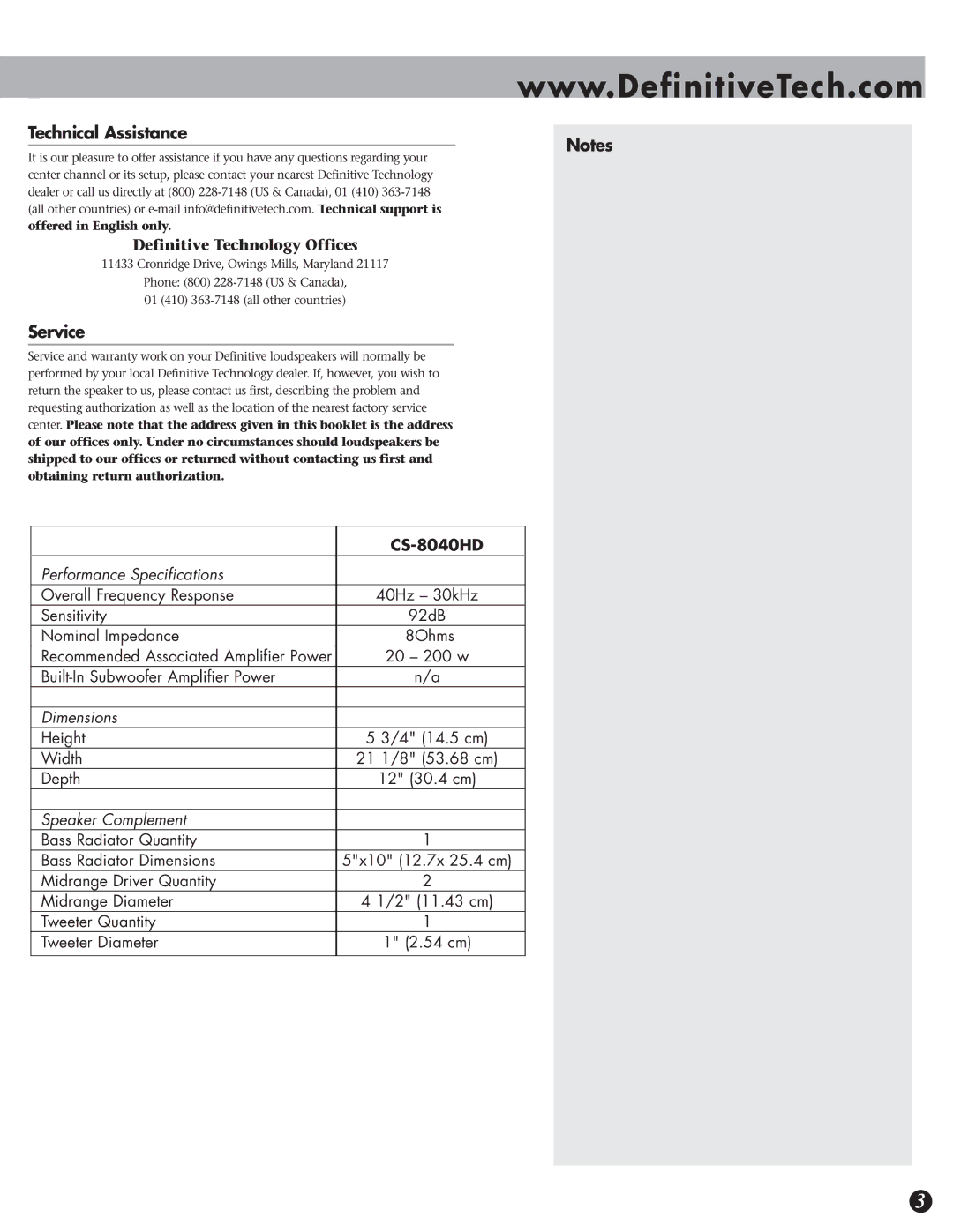 Definitive Technology CS-8040HD owner manual Technical Assistance, Service, Definitive Technology Offices 