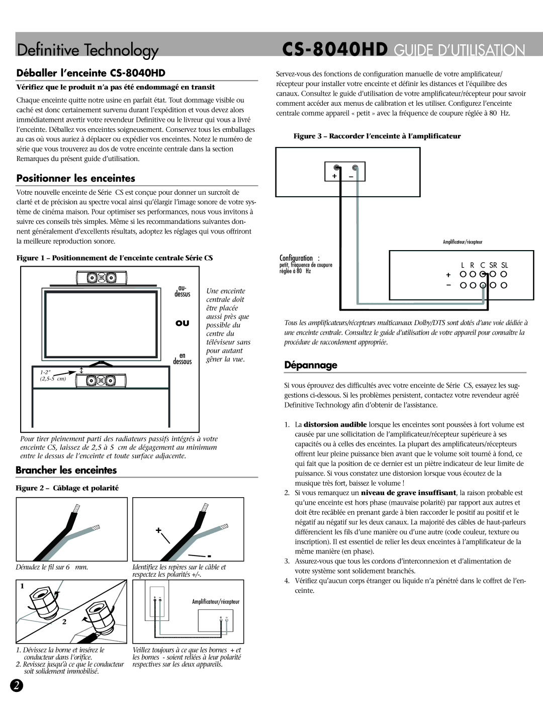 Definitive Technology Déballer l’enceinte CS-8040HD, Positionner les enceintes, Brancher les enceintes, Dépannage 