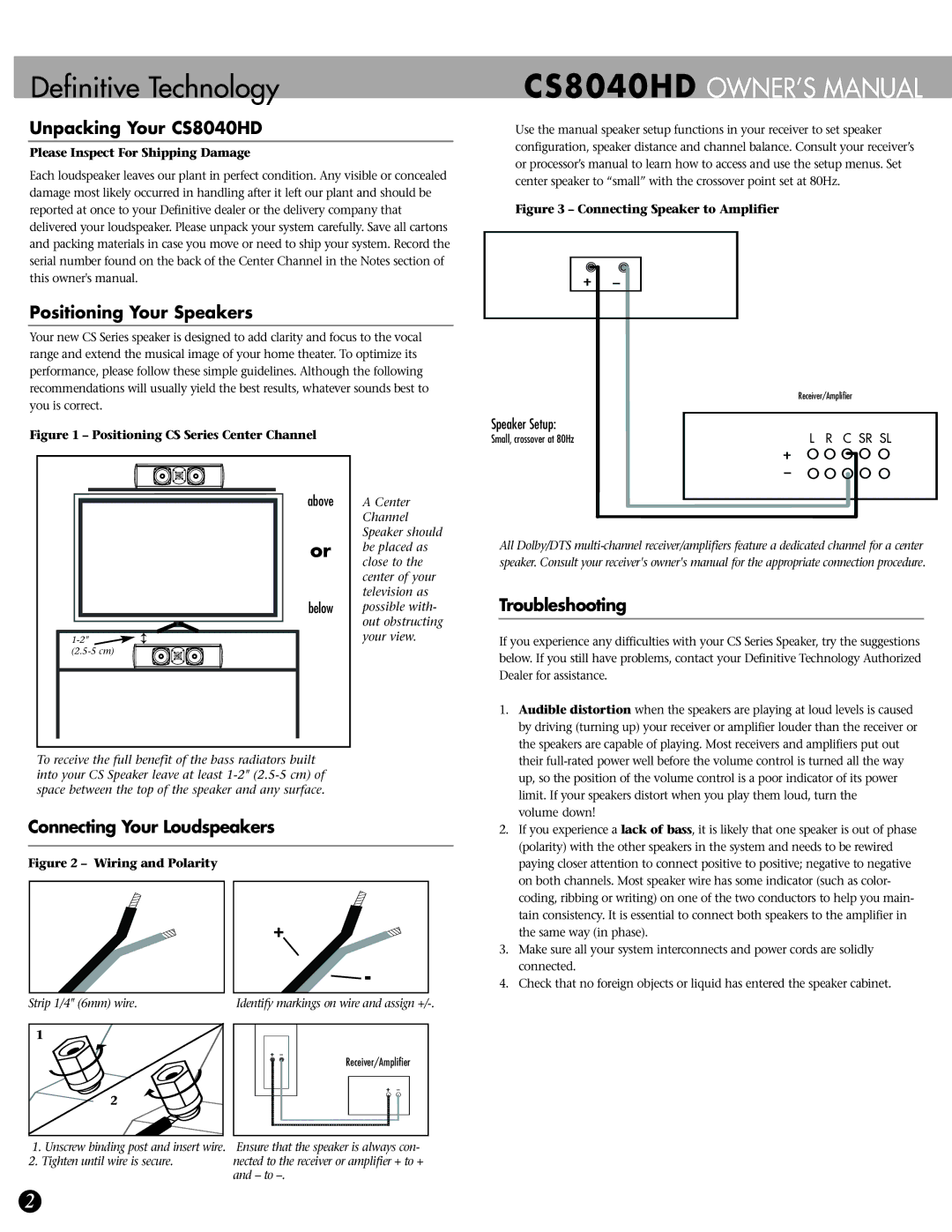 Definitive Technology Unpacking Your CS8040HD, Positioning Your Speakers, Troubleshooting, Connecting Your Loudspeakers 