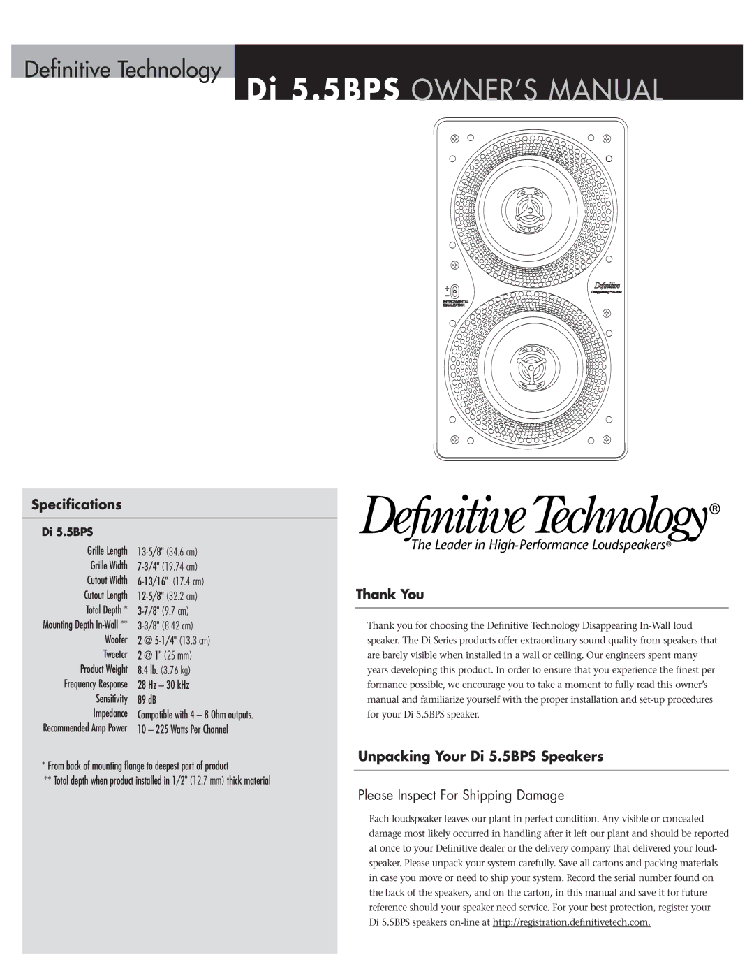 Definitive Technology owner manual Specifications, Thank You, Unpacking Your Di 5.5BPS Speakers 