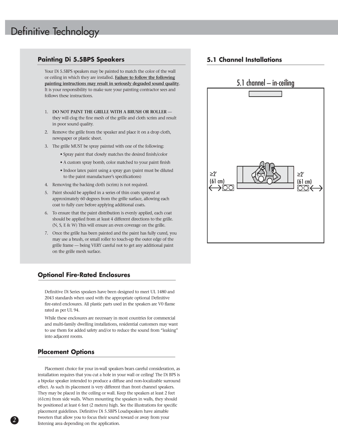 Definitive Technology owner manual Painting Di 5.5BPS Speakers, Optional Fire-Rated Enclosures, Placement Options 